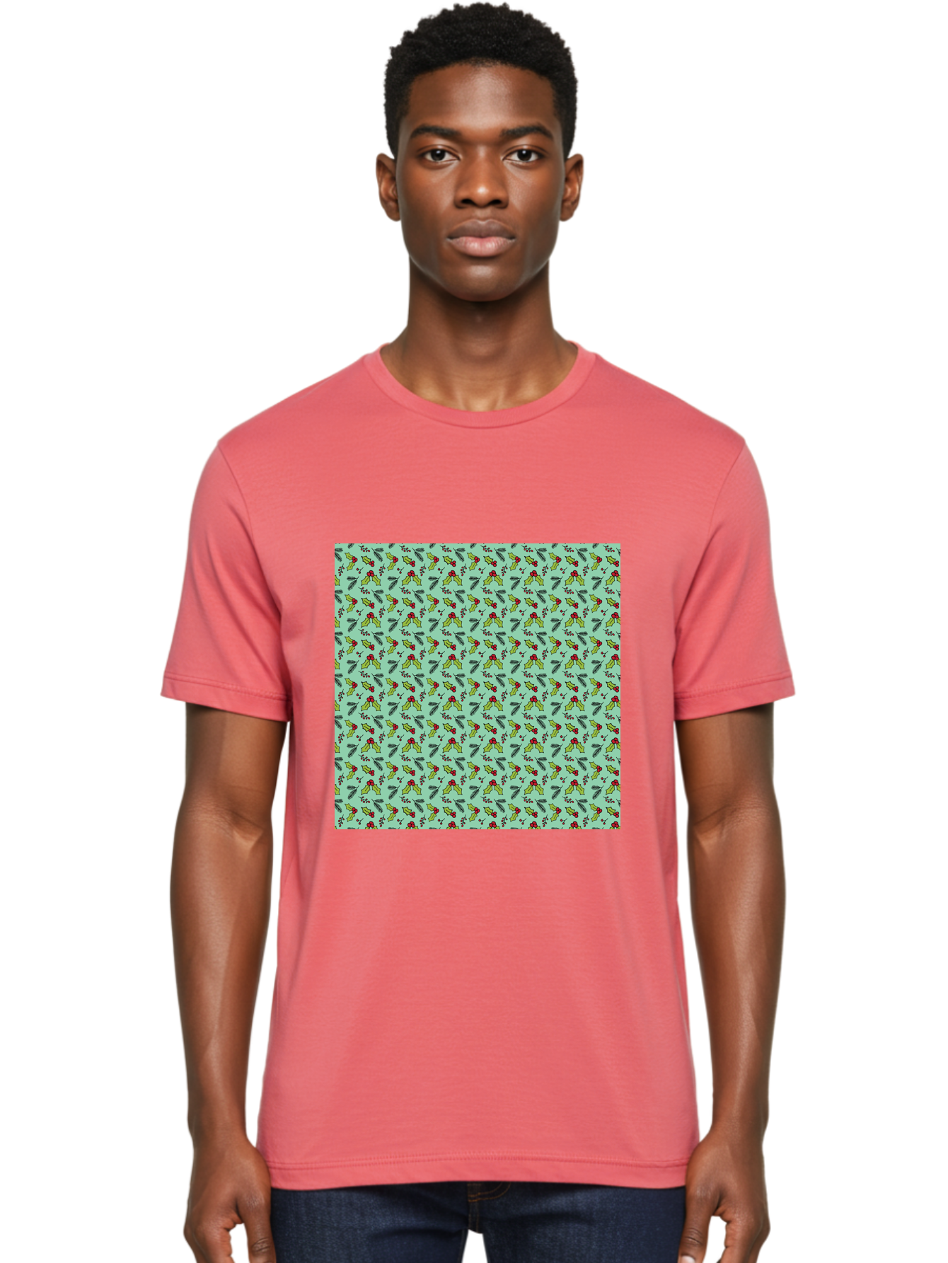 Poinsettia-Pattern Men'S Graphic Tee, 100% Cotton, Comfortable Casual Summer Wear, Machine Washable, Holly Leaves, Red Berries, Festive Design, Holiday Pattern, Seamless Texture, Green Leaves, Christmas Decor, Winter Theme, Joyful Atmosphere Aab050