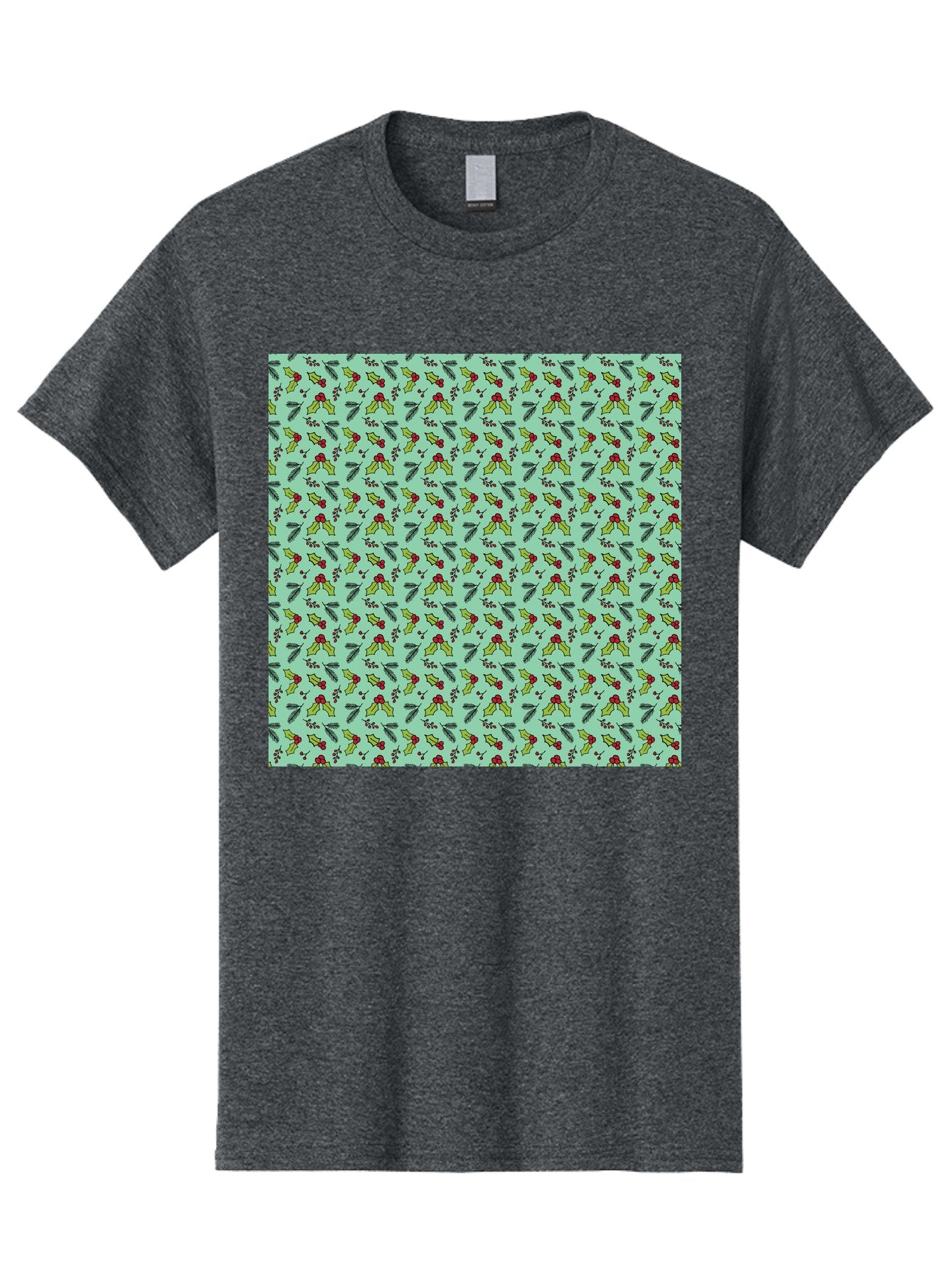 Poinsettia-Pattern Men'S Graphic Tee, 100% Cotton, Comfortable Casual Summer Wear, Machine Washable, Holly Leaves, Red Berries, Festive Design, Holiday Pattern, Seamless Texture, Green Leaves, Christmas Decor, Winter Theme, Joyful Atmosphere Aab050 13