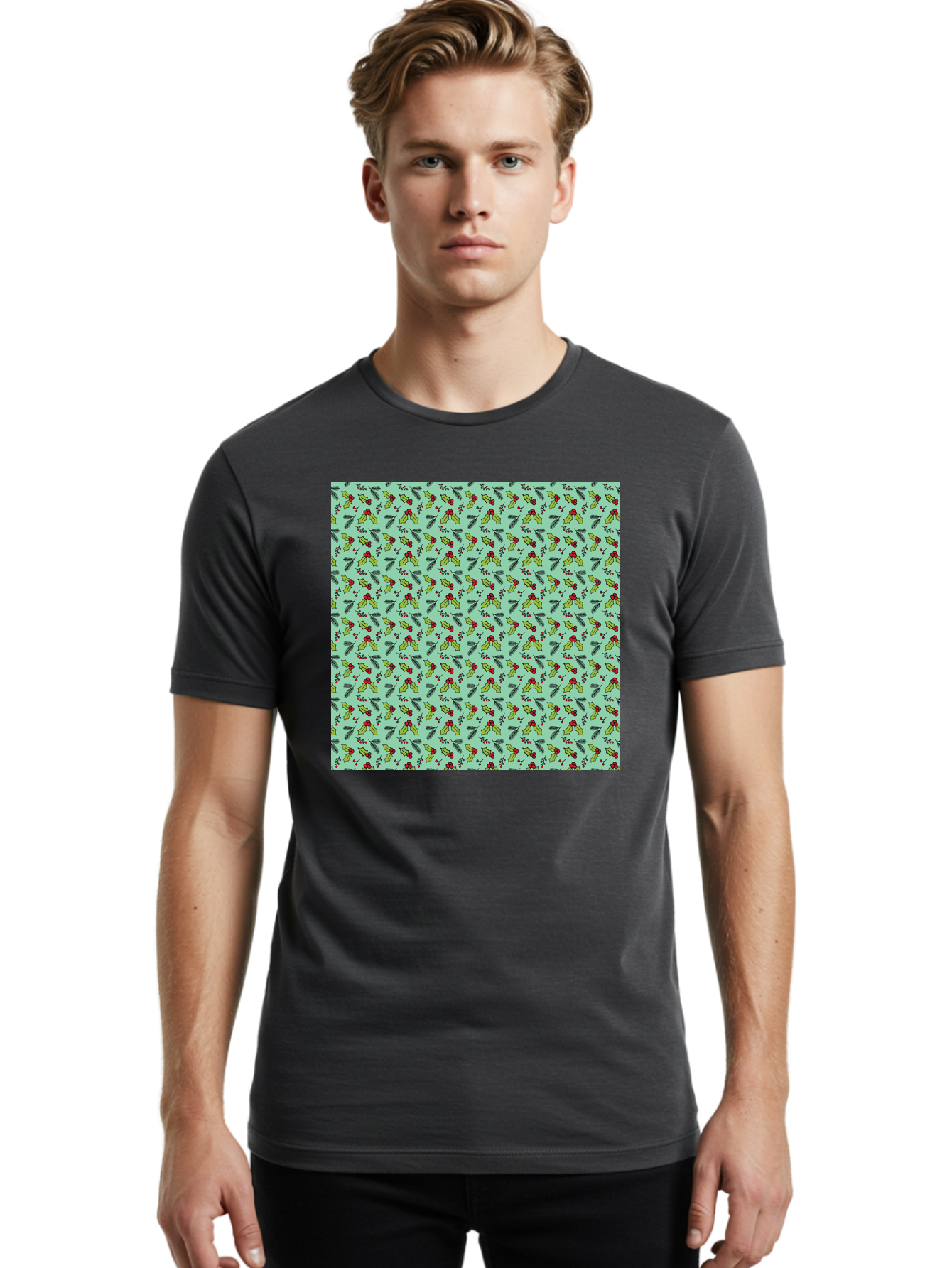 Poinsettia-Pattern Men'S Graphic Tee, 100% Cotton, Comfortable Casual Summer Wear, Machine Washable, Holly Leaves, Red Berries, Festive Design, Holiday Pattern, Seamless Texture, Green Leaves, Christmas Decor, Winter Theme, Joyful Atmosphere Aab050 30
