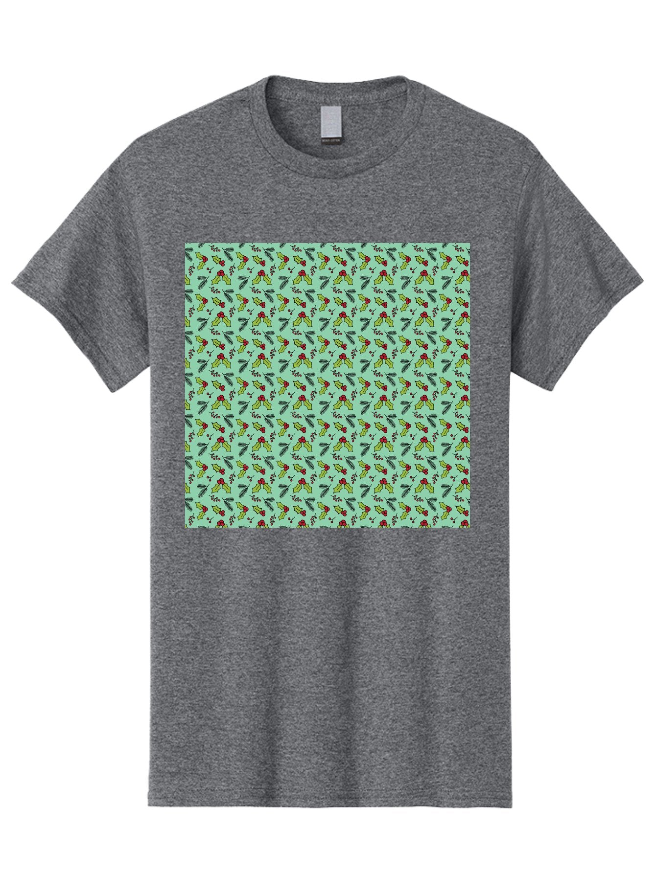 Poinsettia-Pattern Men'S Graphic Tee, 100% Cotton, Comfortable Casual Summer Wear, Machine Washable, Holly Leaves, Red Berries, Festive Design, Holiday Pattern, Seamless Texture, Green Leaves, Christmas Decor, Winter Theme, Joyful Atmosphere Aab050 4