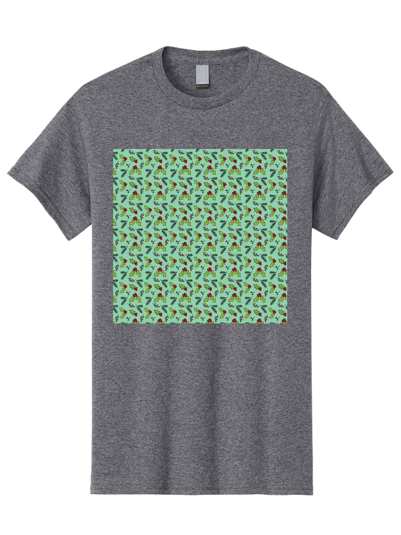 Poinsettia-Pattern Men'S Graphic Tee, 100% Cotton, Comfortable Casual Summer Wear, Machine Washable, Holly Leaves, Red Berries, Festive Design, Holiday Pattern, Seamless Texture, Green Leaves, Christmas Decor, Winter Theme, Joyful Atmosphere Aab050 23