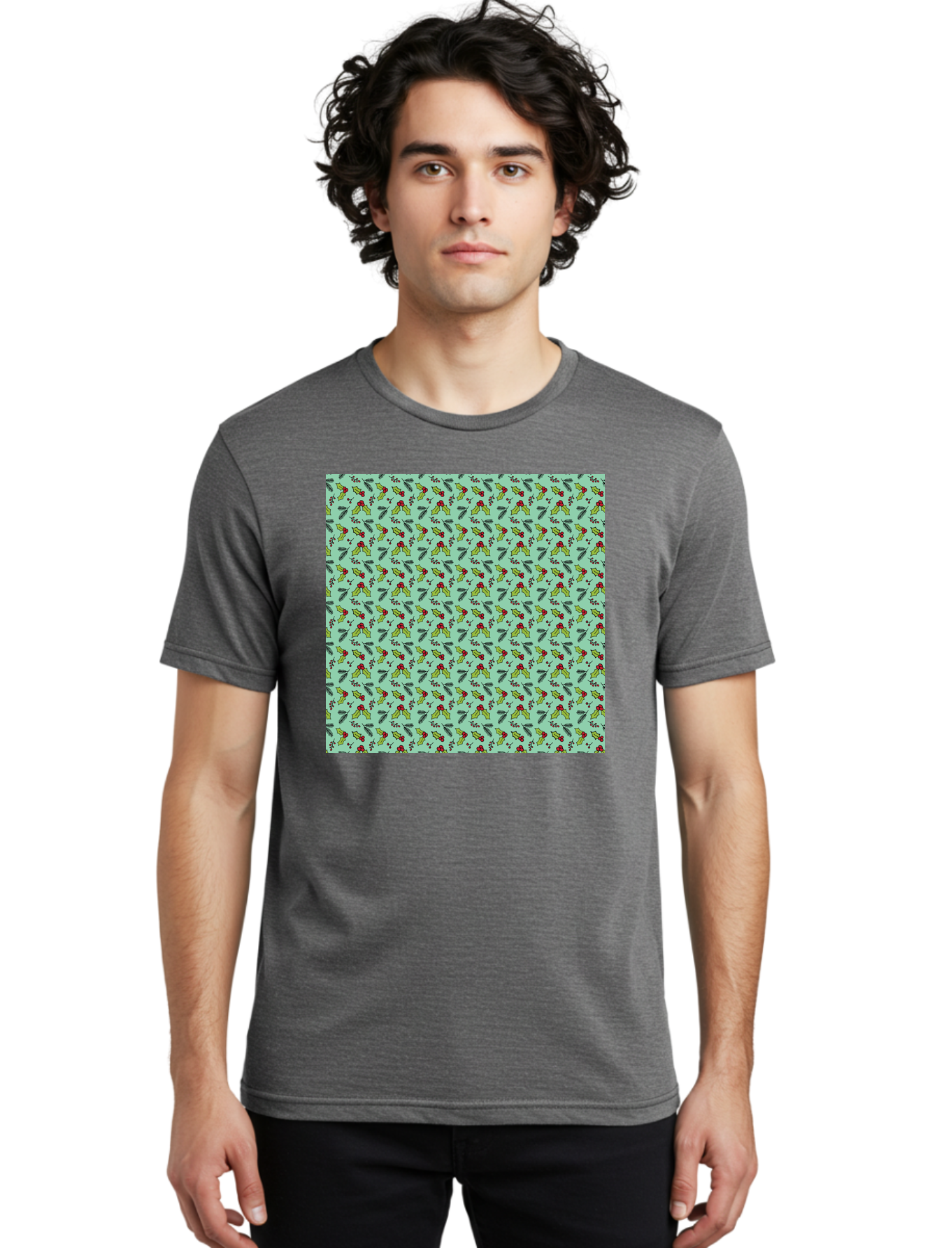 Poinsettia-Pattern Men'S Graphic Tee, 100% Cotton, Comfortable Casual Summer Wear, Machine Washable, Holly Leaves, Red Berries, Festive Design, Holiday Pattern, Seamless Texture, Green Leaves, Christmas Decor, Winter Theme, Joyful Atmosphere Aab050 24
