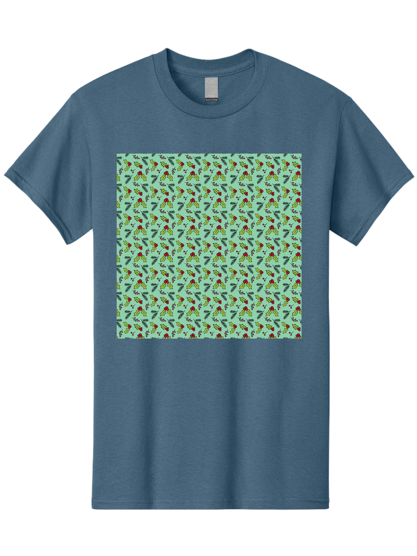 Poinsettia-Pattern Men'S Graphic Tee, 100% Cotton, Comfortable Casual Summer Wear, Machine Washable, Holly Leaves, Red Berries, Festive Design, Holiday Pattern, Seamless Texture, Green Leaves, Christmas Decor, Winter Theme, Joyful Atmosphere Aab050 9