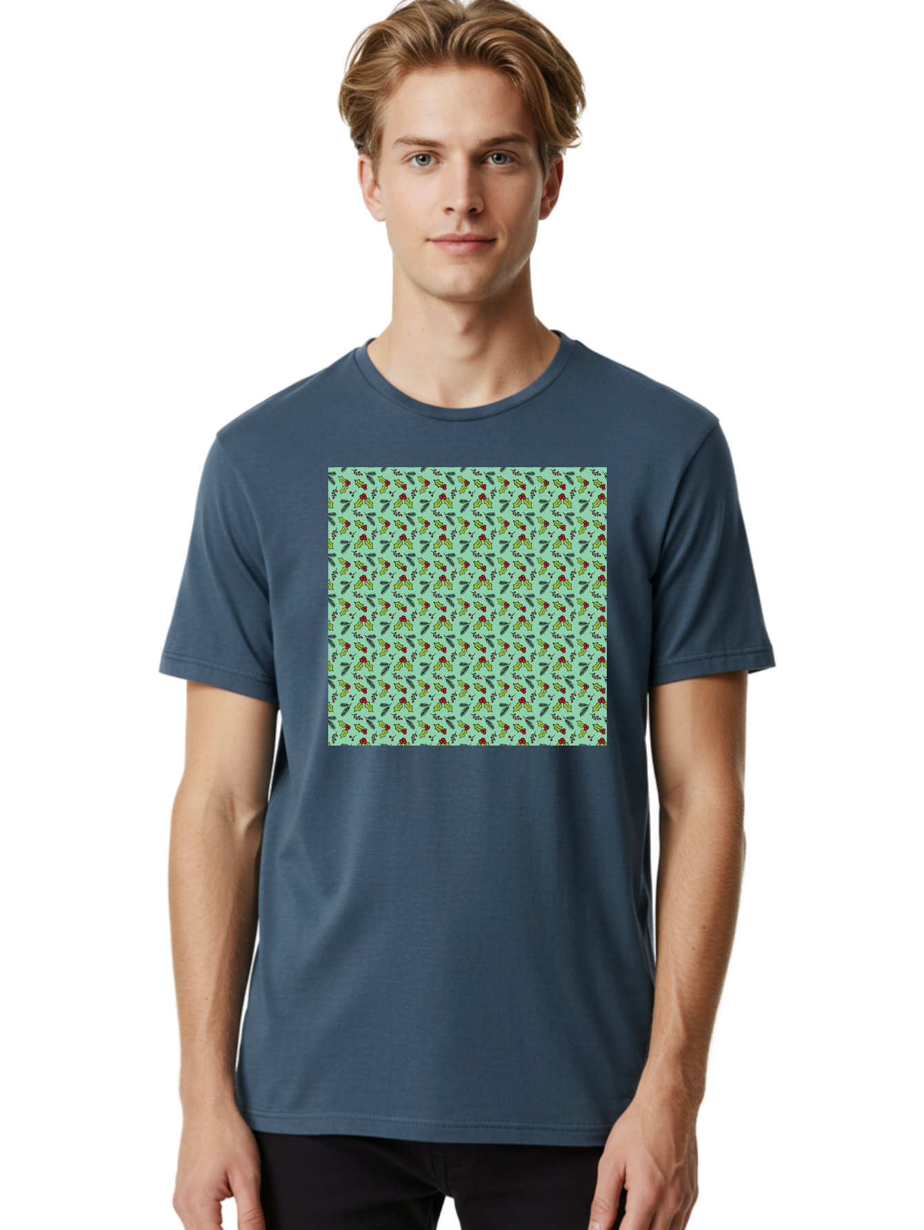 Poinsettia-Pattern Men'S Graphic Tee, 100% Cotton, Comfortable Casual Summer Wear, Machine Washable, Holly Leaves, Red Berries, Festive Design, Holiday Pattern, Seamless Texture, Green Leaves, Christmas Decor, Winter Theme, Joyful Atmosphere Aab050 10