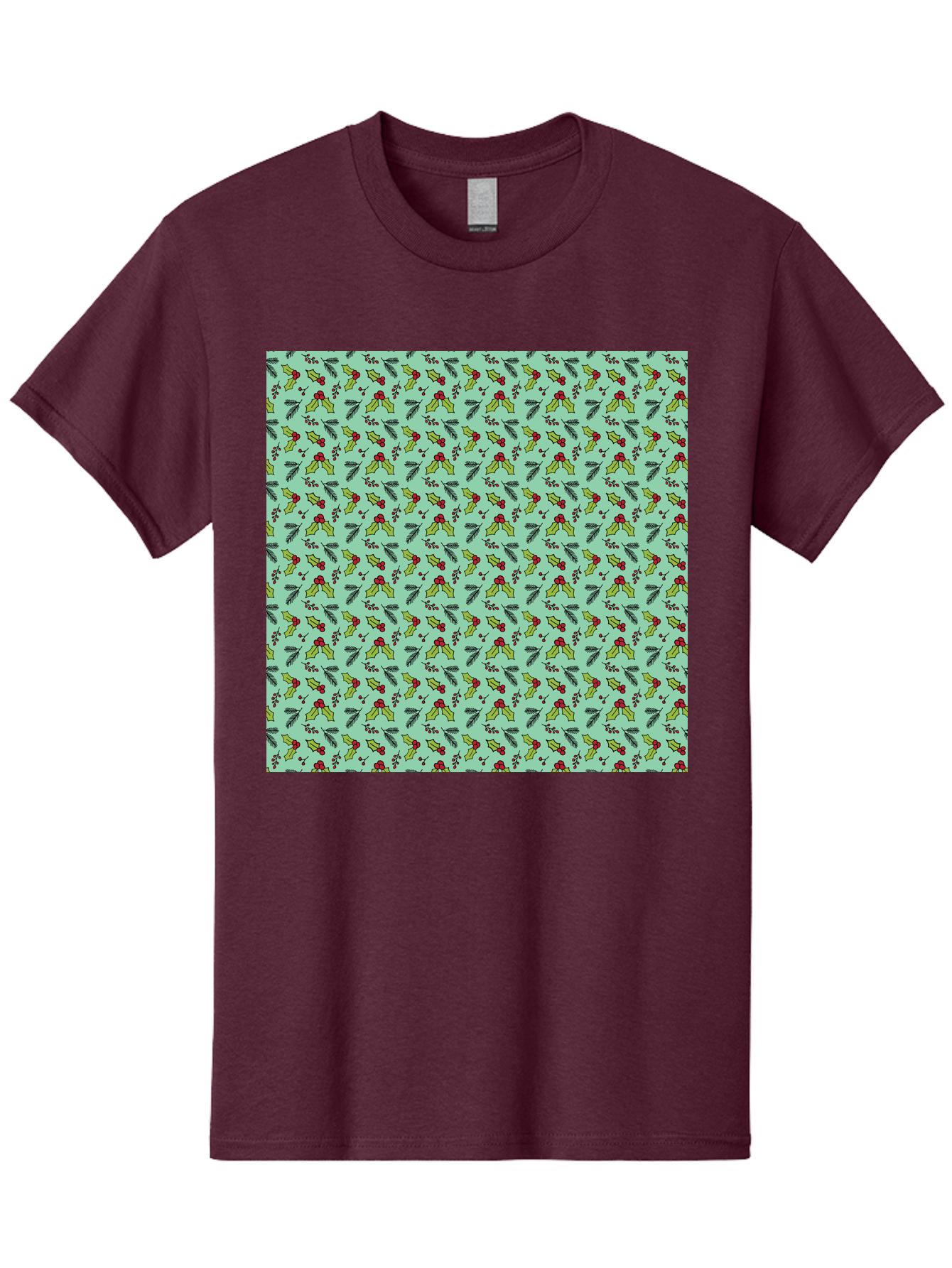 Poinsettia-Pattern Men'S Graphic Tee, 100% Cotton, Comfortable Casual Summer Wear, Machine Washable, Holly Leaves, Red Berries, Festive Design, Holiday Pattern, Seamless Texture, Green Leaves, Christmas Decor, Winter Theme, Joyful Atmosphere Aab050 13