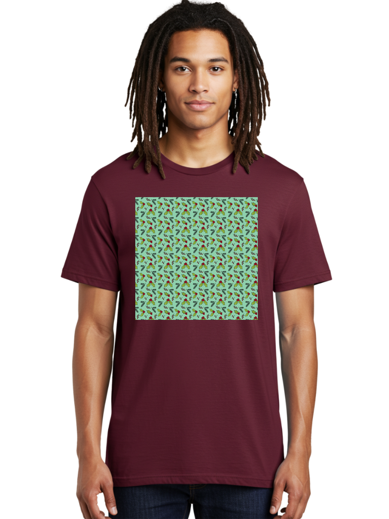 Poinsettia-Pattern Men'S Graphic Tee, 100% Cotton, Comfortable Casual Summer Wear, Machine Washable, Holly Leaves, Red Berries, Festive Design, Holiday Pattern, Seamless Texture, Green Leaves, Christmas Decor, Winter Theme, Joyful Atmosphere Aab050 14