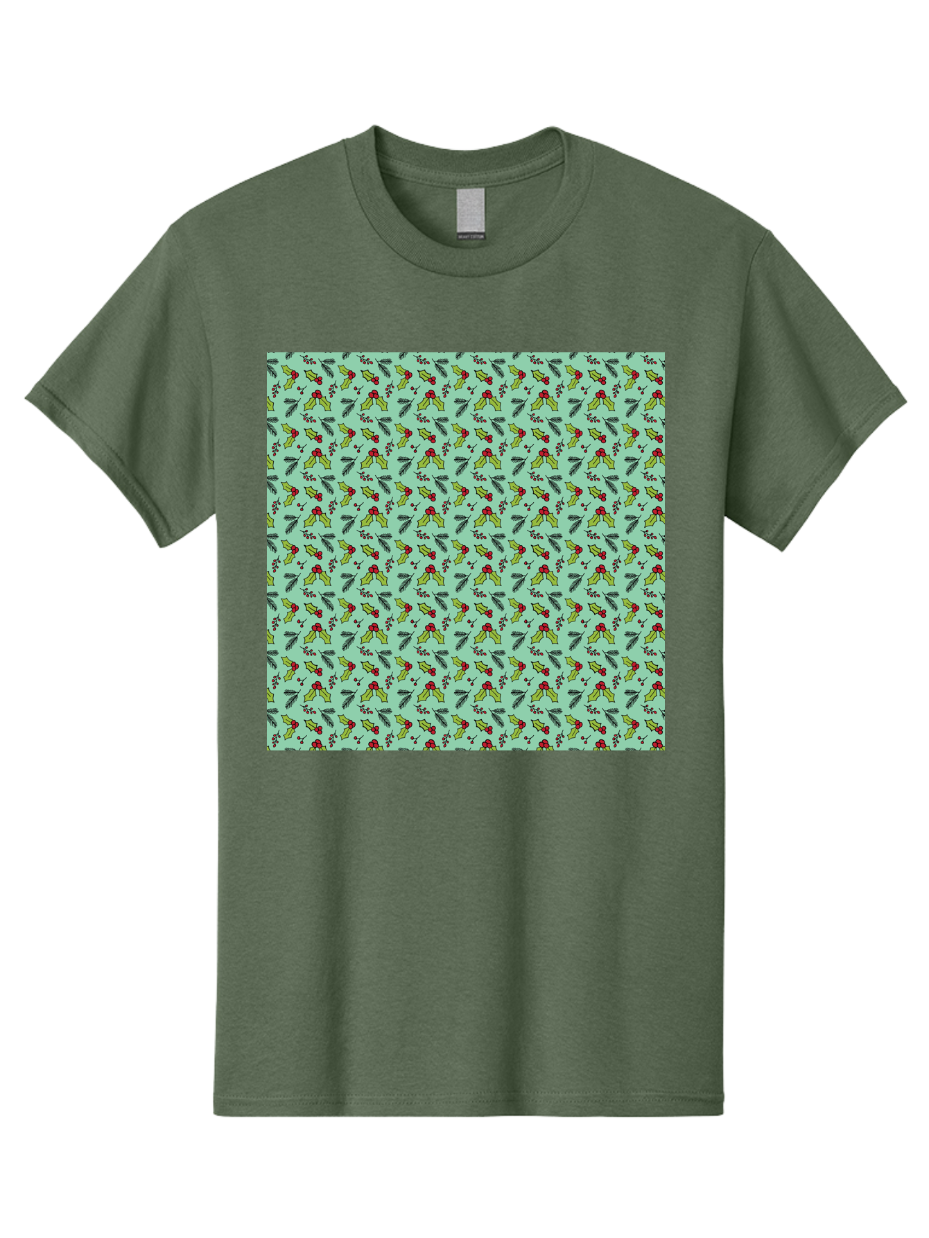 Poinsettia-Pattern Men'S Graphic Tee, 100% Cotton, Comfortable Casual Summer Wear, Machine Washable, Holly Leaves, Red Berries, Festive Design, Holiday Pattern, Seamless Texture, Green Leaves, Christmas Decor, Winter Theme, Joyful Atmosphere Aab050 27