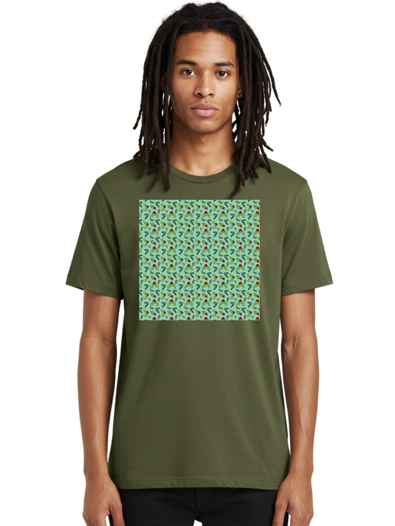 Poinsettia-Pattern Men'S Graphic Tee, 100% Cotton, Comfortable Casual Summer Wear, Machine Washable, Holly Leaves, Red Berries, Festive Design, Holiday Pattern, Seamless Texture, Green Leaves, Christmas Decor, Winter Theme, Joyful Atmosphere Aab050 28