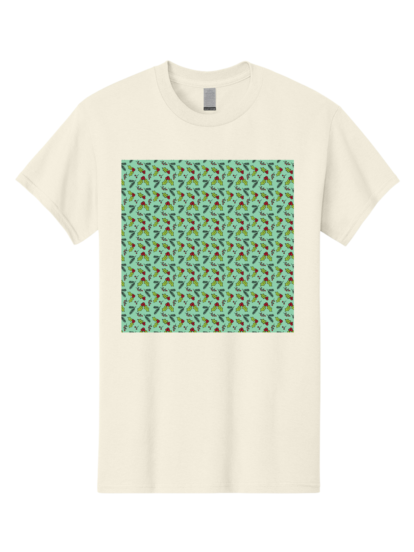 Poinsettia-Pattern Men'S Graphic Tee, 100% Cotton, Comfortable Casual Summer Wear, Machine Washable, Holly Leaves, Red Berries, Festive Design, Holiday Pattern, Seamless Texture, Green Leaves, Christmas Decor, Winter Theme, Joyful Atmosphere Aab050 25