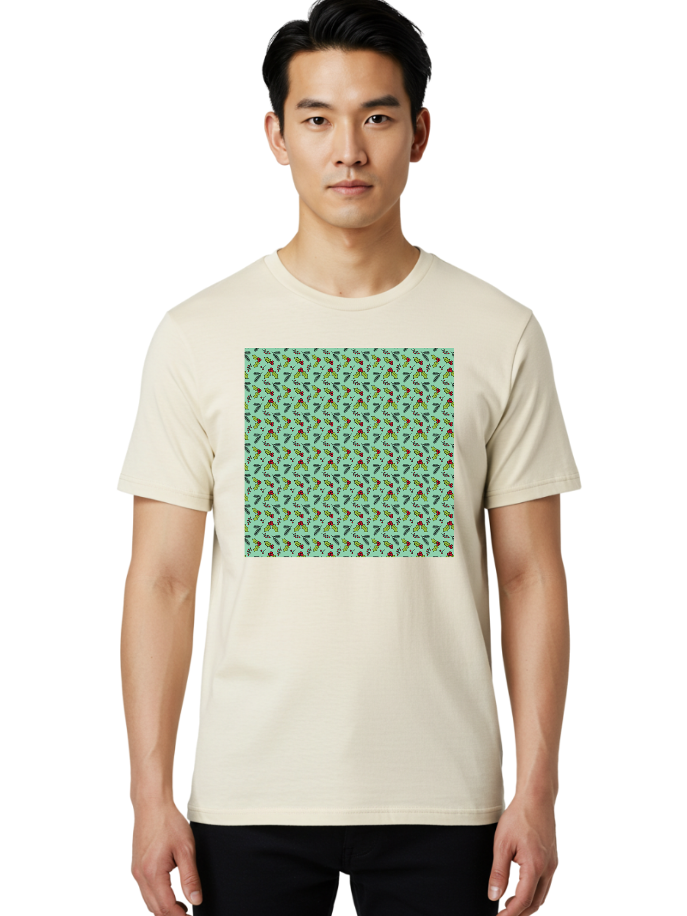 Poinsettia-Pattern Men'S Graphic Tee, 100% Cotton, Comfortable Casual Summer Wear, Machine Washable, Holly Leaves, Red Berries, Festive Design, Holiday Pattern, Seamless Texture, Green Leaves, Christmas Decor, Winter Theme, Joyful Atmosphere Aab050 26