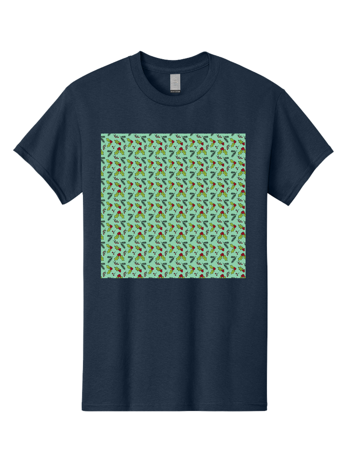 Poinsettia-Pattern Men'S Graphic Tee, 100% Cotton, Comfortable Casual Summer Wear, Machine Washable, Holly Leaves, Red Berries, Festive Design, Holiday Pattern, Seamless Texture, Green Leaves, Christmas Decor, Winter Theme, Joyful Atmosphere Aab050 21