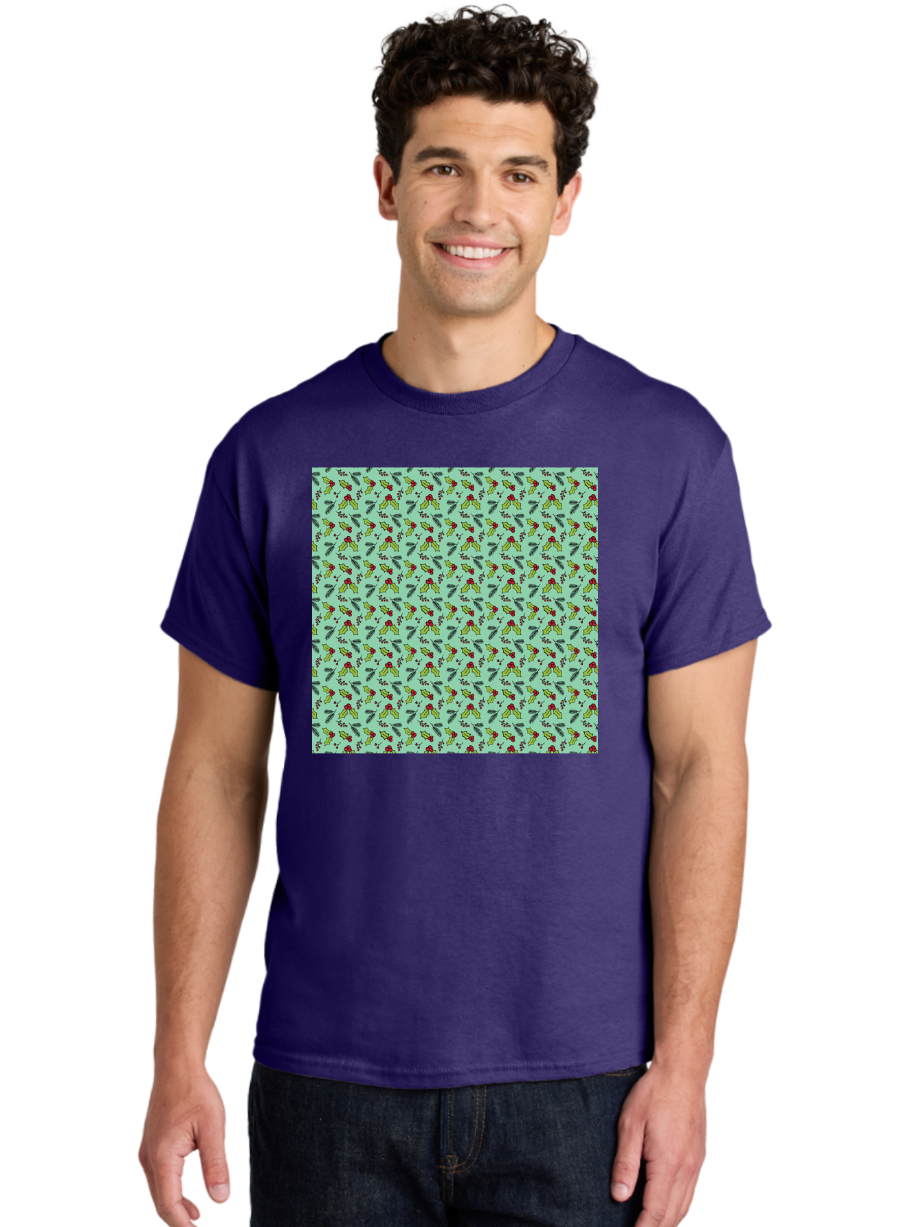 Poinsettia-Pattern Men'S Graphic Tee, 100% Cotton, Comfortable Casual Summer Wear, Machine Washable, Holly Leaves, Red Berries, Festive Design, Holiday Pattern, Seamless Texture, Green Leaves, Christmas Decor, Winter Theme, Joyful Atmosphere Aab050 16