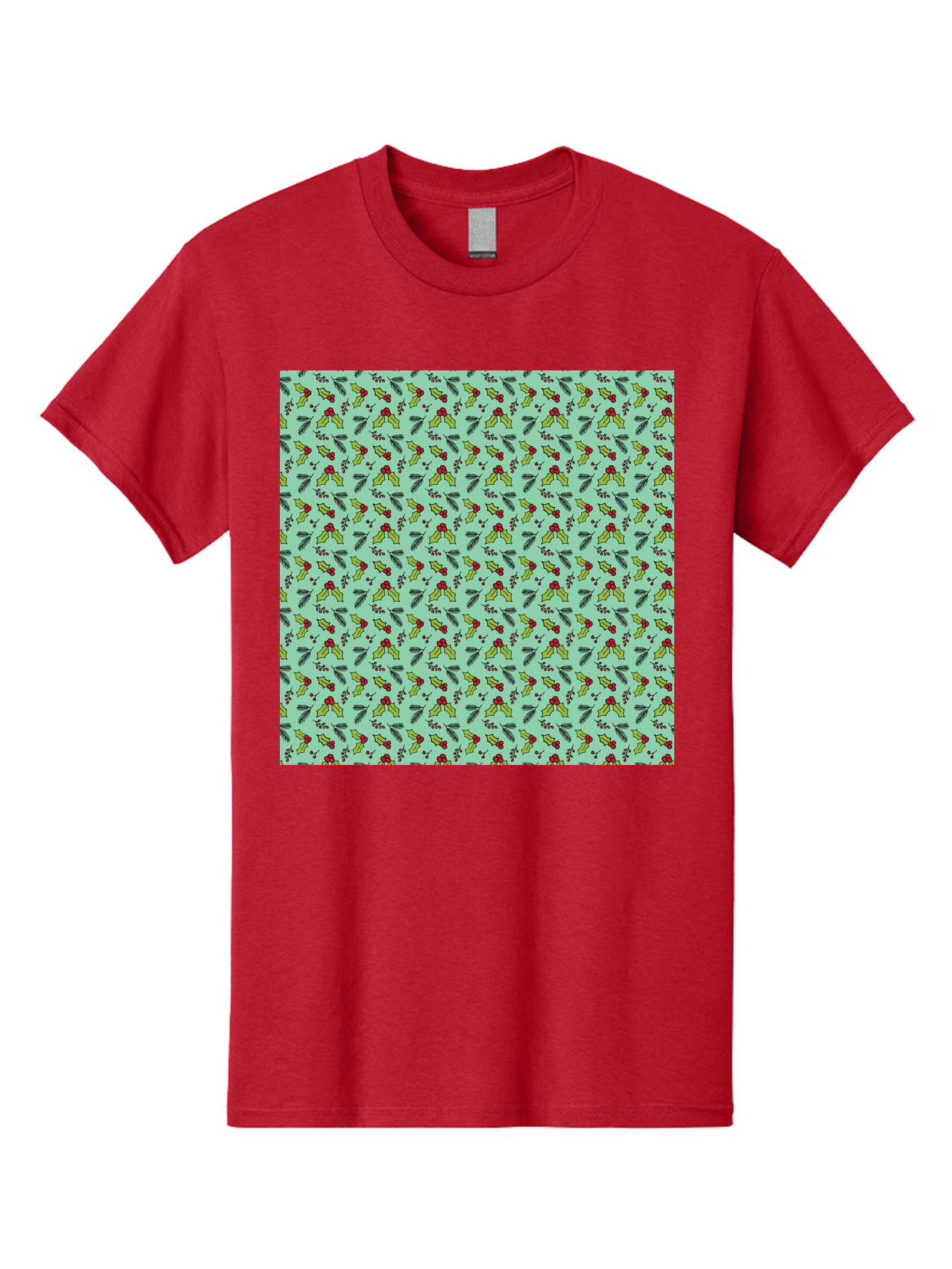 Poinsettia-Pattern Men'S Graphic Tee, 100% Cotton, Comfortable Casual Summer Wear, Machine Washable, Holly Leaves, Red Berries, Festive Design, Holiday Pattern, Seamless Texture, Green Leaves, Christmas Decor, Winter Theme, Joyful Atmosphere Aab050 17