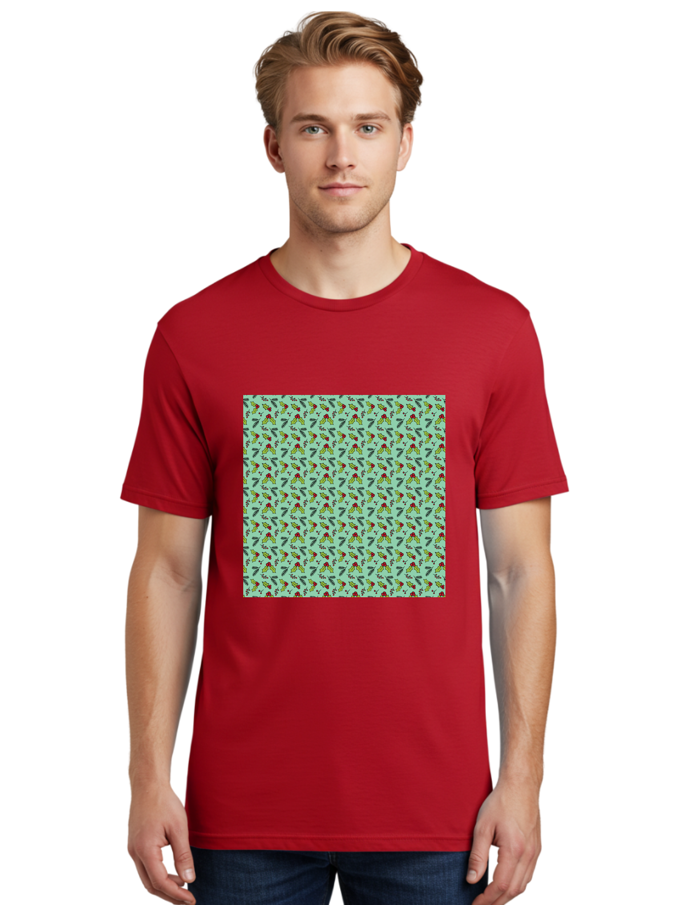 Poinsettia-Pattern Men'S Graphic Tee, 100% Cotton, Comfortable Casual Summer Wear, Machine Washable, Holly Leaves, Red Berries, Festive Design, Holiday Pattern, Seamless Texture, Green Leaves, Christmas Decor, Winter Theme, Joyful Atmosphere Aab050 18