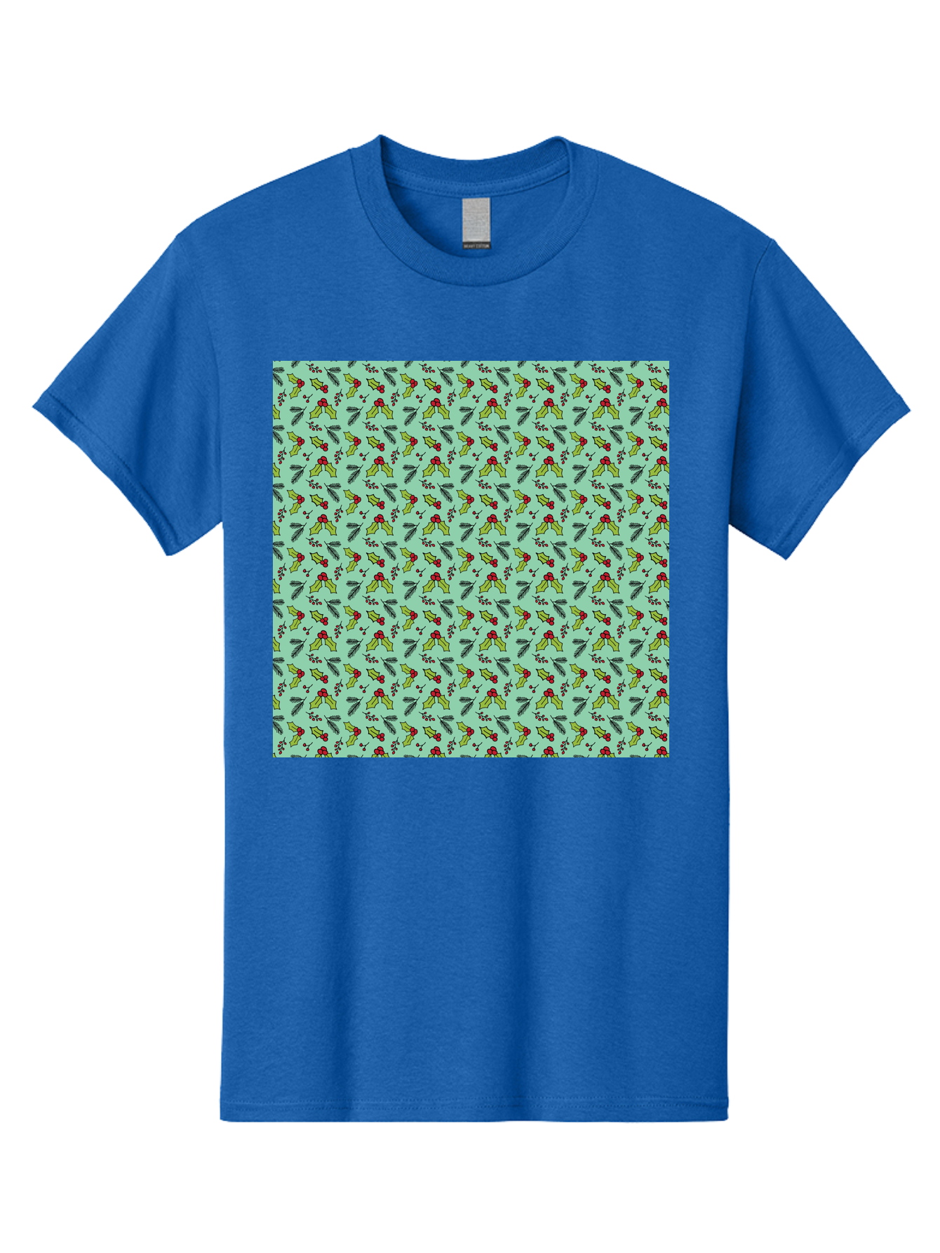 Poinsettia-Pattern Men'S Graphic Tee, 100% Cotton, Comfortable Casual Summer Wear, Machine Washable, Holly Leaves, Red Berries, Festive Design, Holiday Pattern, Seamless Texture, Green Leaves, Christmas Decor, Winter Theme, Joyful Atmosphere Aab050 7