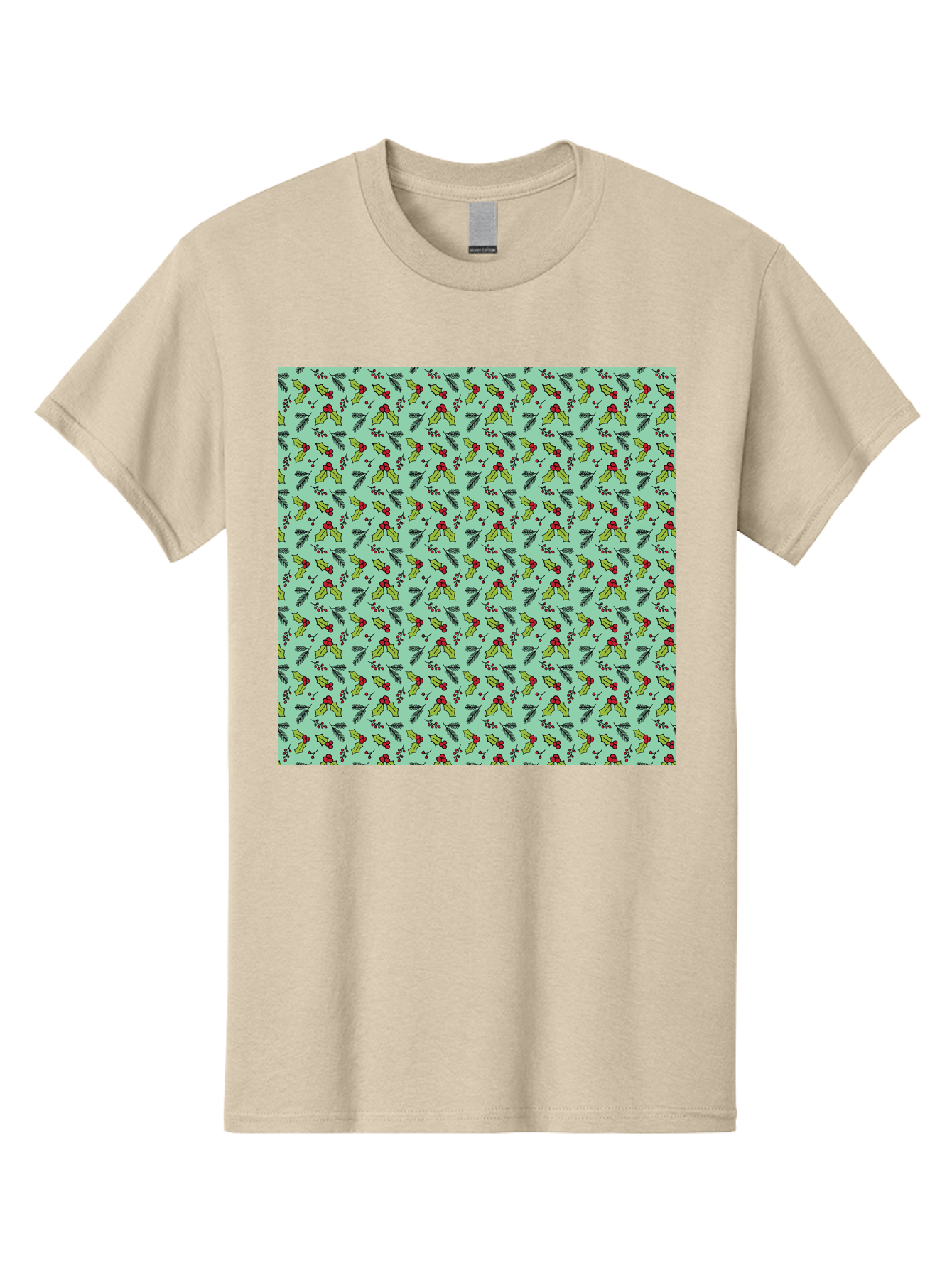 Poinsettia-Pattern Men'S Graphic Tee, 100% Cotton, Comfortable Casual Summer Wear, Machine Washable, Holly Leaves, Red Berries, Festive Design, Holiday Pattern, Seamless Texture, Green Leaves, Christmas Decor, Winter Theme, Joyful Atmosphere Aab050 11
