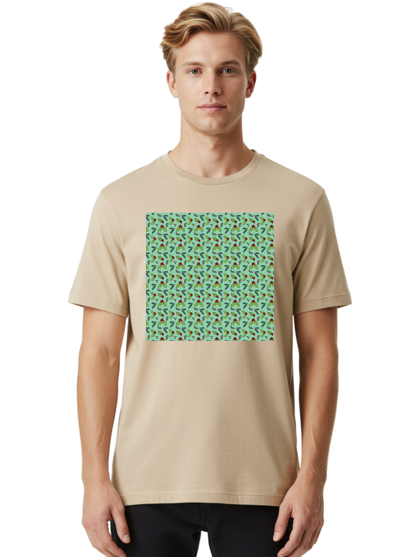 Poinsettia-Pattern Men'S Graphic Tee, 100% Cotton, Comfortable Casual Summer Wear, Machine Washable, Holly Leaves, Red Berries, Festive Design, Holiday Pattern, Seamless Texture, Green Leaves, Christmas Decor, Winter Theme, Joyful Atmosphere Aab050 12