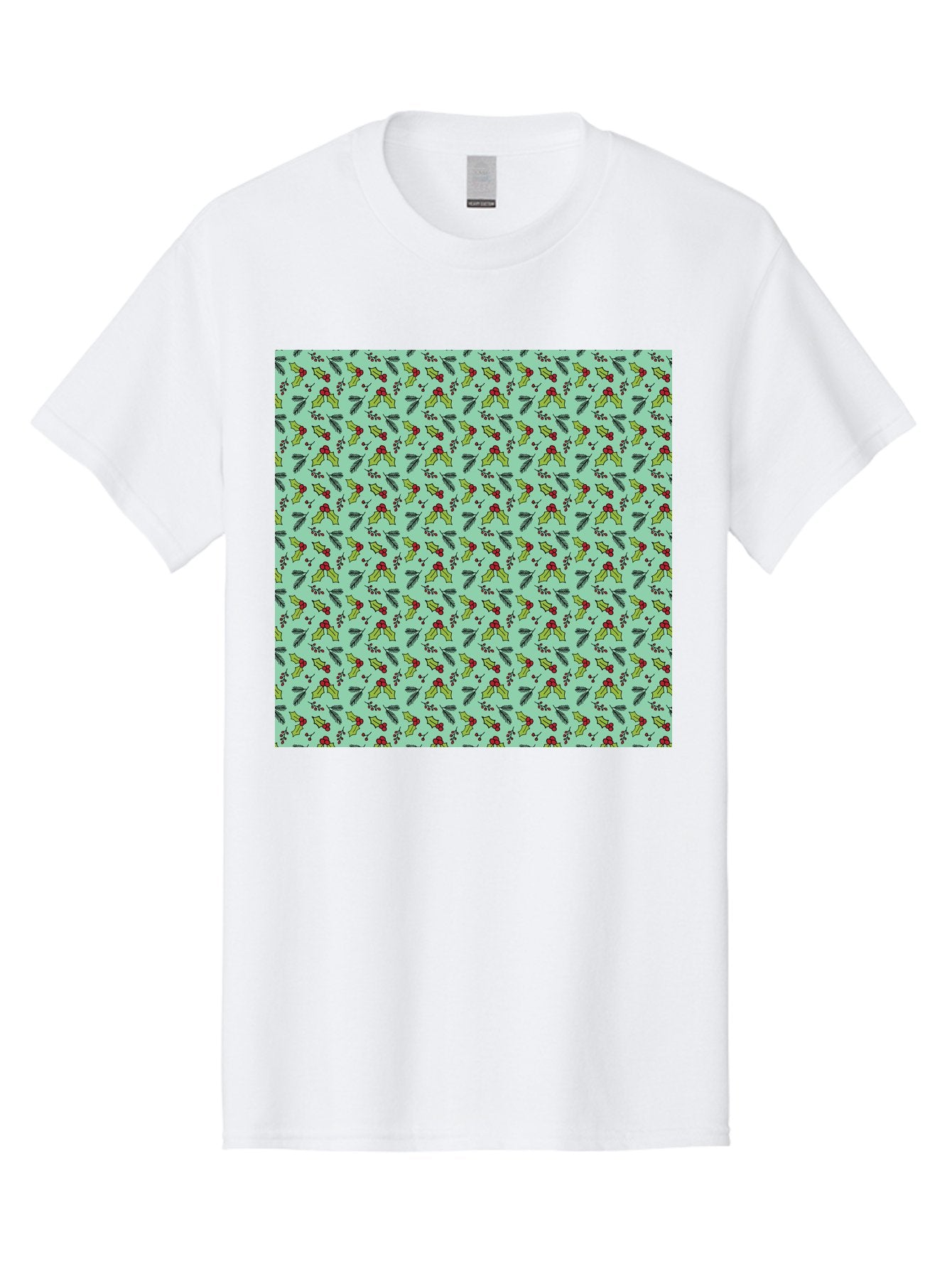 Poinsettia-Pattern Men'S Graphic Tee, 100% Cotton, Comfortable Casual Summer Wear, Machine Washable, Holly Leaves, Red Berries, Festive Design, Holiday Pattern, Seamless Texture, Green Leaves, Christmas Decor, Winter Theme, Joyful Atmosphere Aab050 12