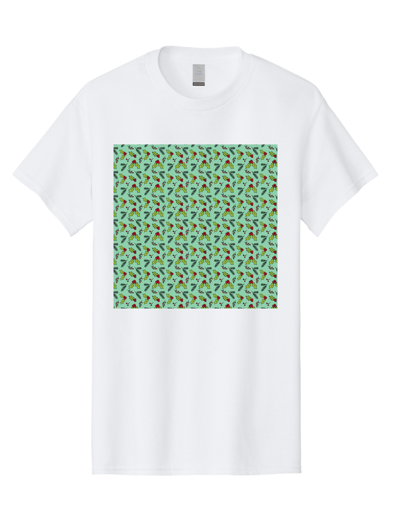 Poinsettia-Pattern Men'S Graphic Tee, 100% Cotton, Comfortable Casual Summer Wear, Machine Washable, Holly Leaves, Red Berries, Festive Design, Holiday Pattern, Seamless Texture, Green Leaves, Christmas Decor, Winter Theme, Joyful Atmosphere Aab050 5