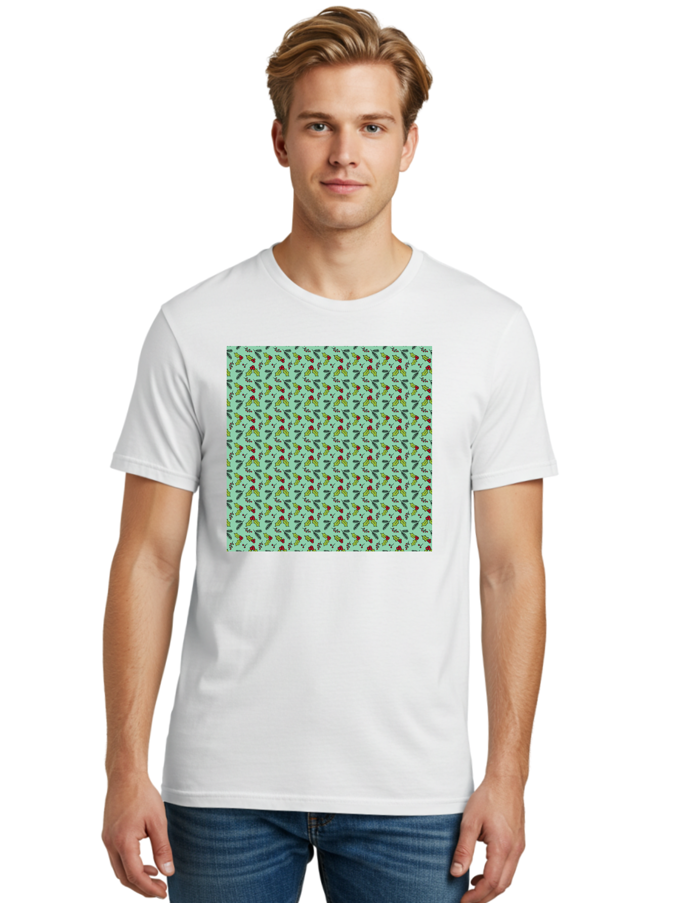 Poinsettia-Pattern Men'S Graphic Tee, 100% Cotton, Comfortable Casual Summer Wear, Machine Washable, Holly Leaves, Red Berries, Festive Design, Holiday Pattern, Seamless Texture, Green Leaves, Christmas Decor, Winter Theme, Joyful Atmosphere Aab050 6