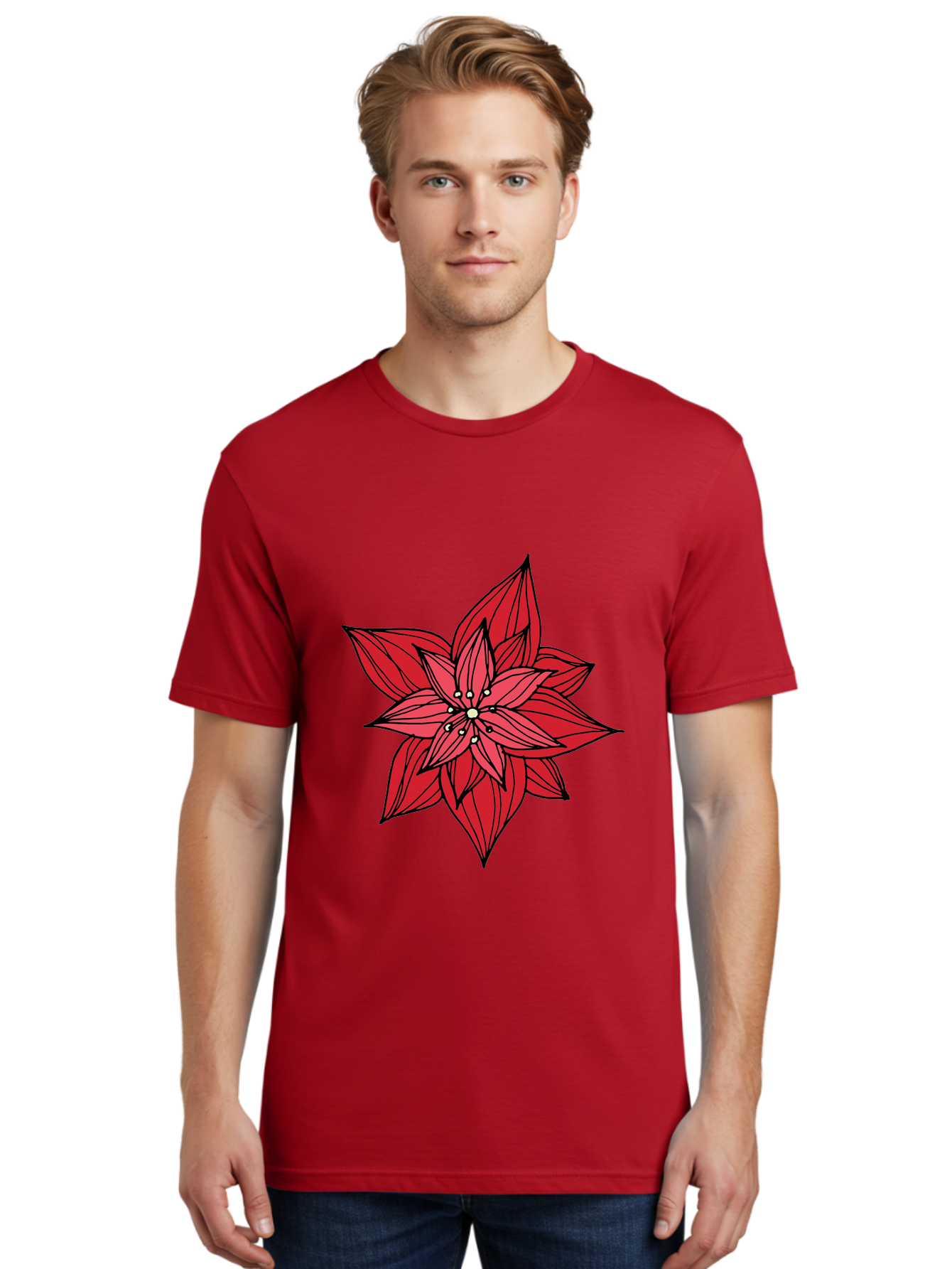 Poinsettia Men'S Graphic Tee, 100% Cotton, Comfortable Casual Summer Wear, Machine Washable, Poinsettia Flower, Red Petals, Festive Decor, Holiday Decoration, Christmas Flower, Symbolic Bloom, Vibrant Red Aab051 30