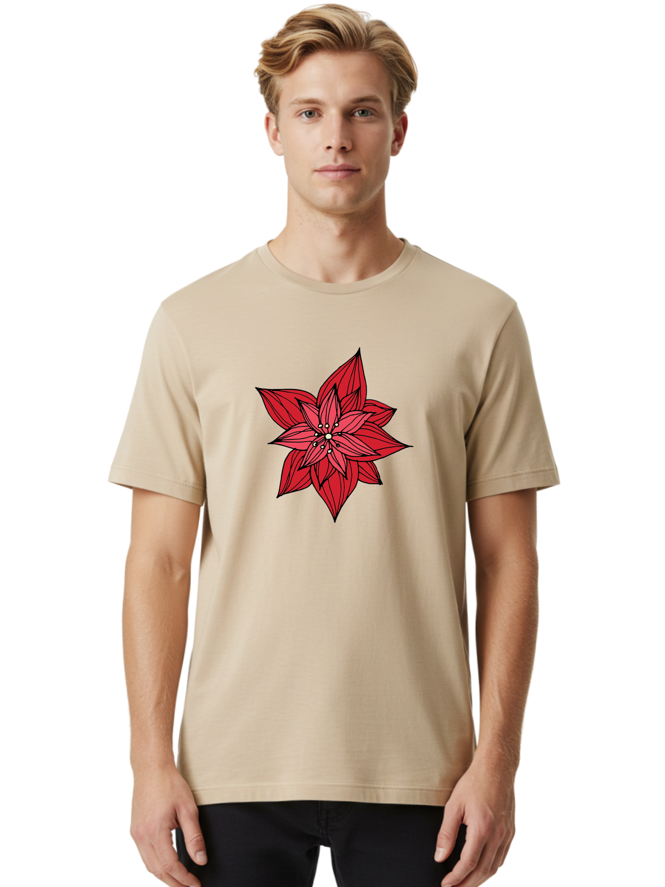 Poinsettia Men'S Graphic Tee, 100% Cotton, Comfortable Casual Summer Wear, Machine Washable, Poinsettia Flower, Red Petals, Festive Decor, Holiday Decoration, Christmas Flower, Symbolic Bloom, Vibrant Red Aab051 14