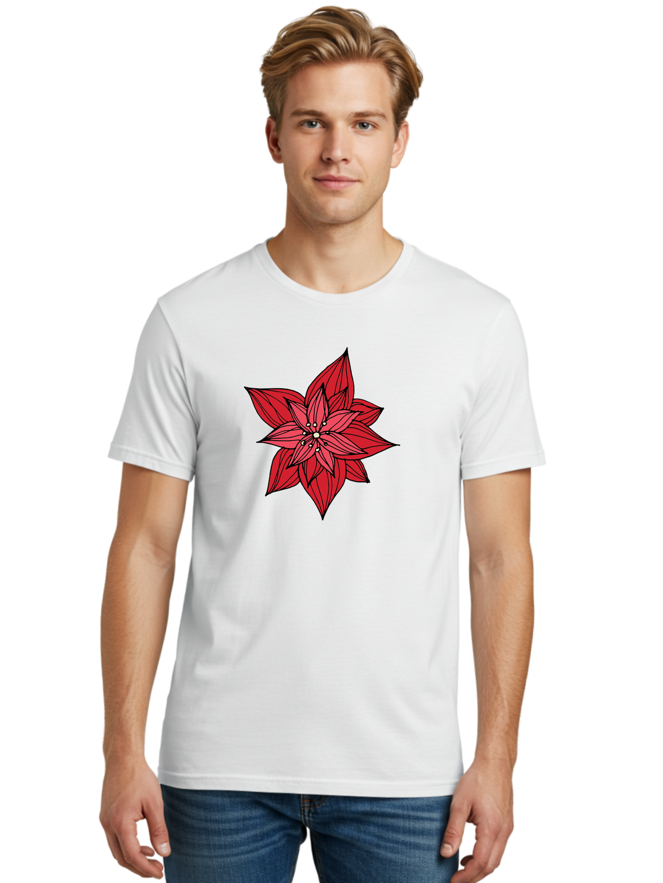 Poinsettia Men'S Graphic Tee, 100% Cotton, Comfortable Casual Summer Wear, Machine Washable, Poinsettia Flower, Red Petals, Festive Decor, Holiday Decoration, Christmas Flower, Symbolic Bloom, Vibrant Red Aab051 18
