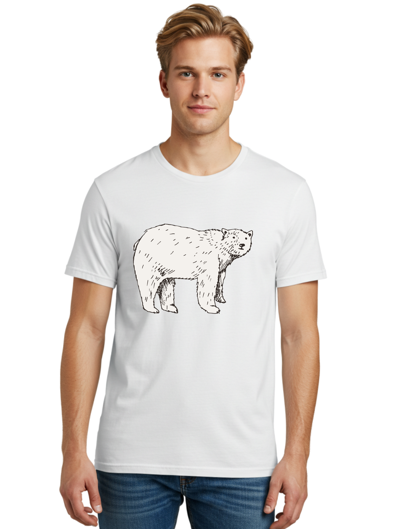 Polar-Bear-1 Men'S Graphic Tee, 100% Cotton, Comfortable Casual Summer Wear, Machine Washable, Polar Bear Illustration, White Bear, Black Outline, Wildlife Art, Polar Bear Drawing, Arctic Animal, Furry Creature, Animal Graphic Aab052 30