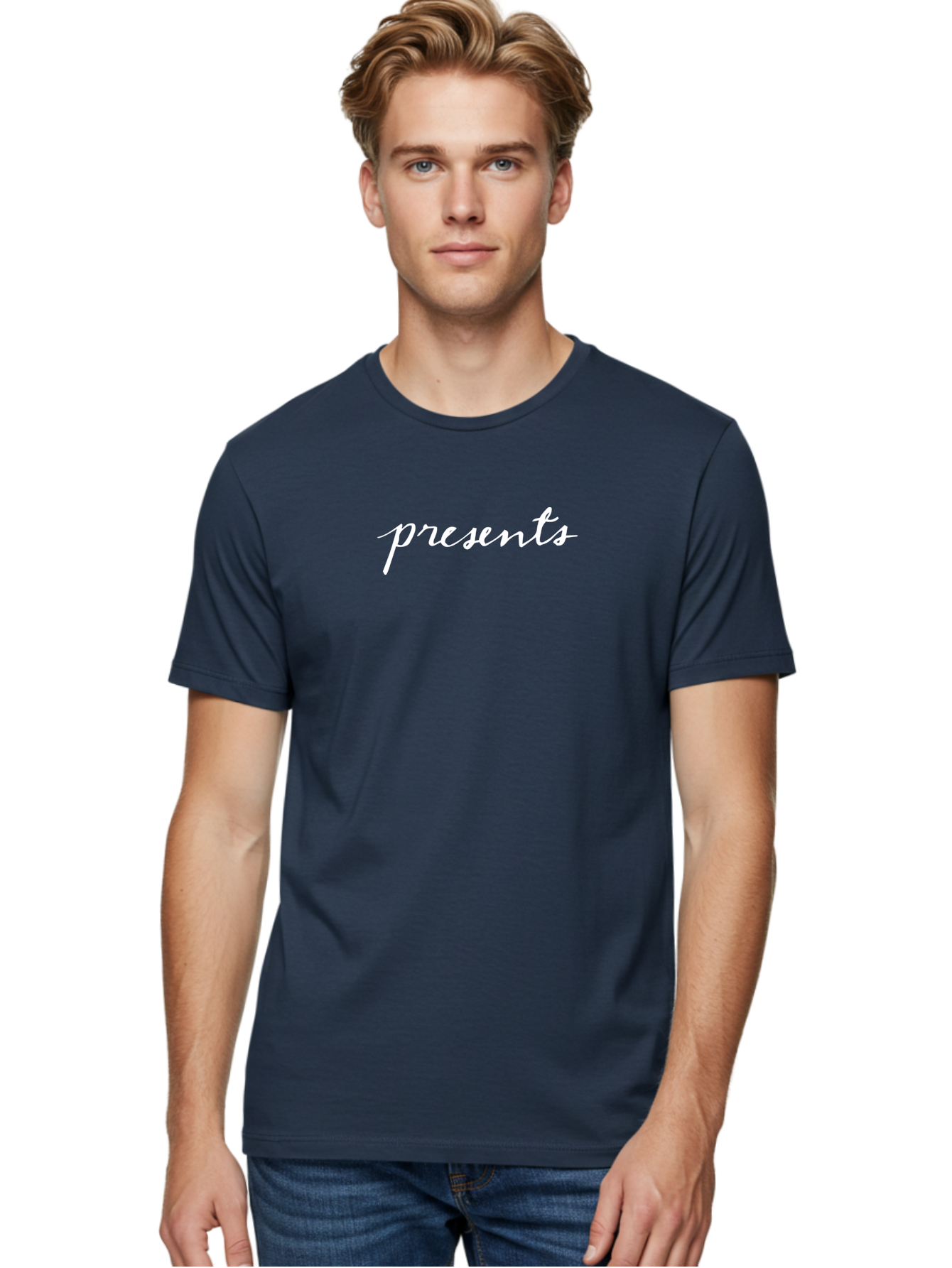 Presents-1 Men'S Graphic Tee, 100% Cotton, Comfortable Casual Summer Wear, Machine Washable, Presents, Gift Giving, Cursive Text, White Font, Elegant Script, Creative Typography, Stylish Presentation Aab055 20