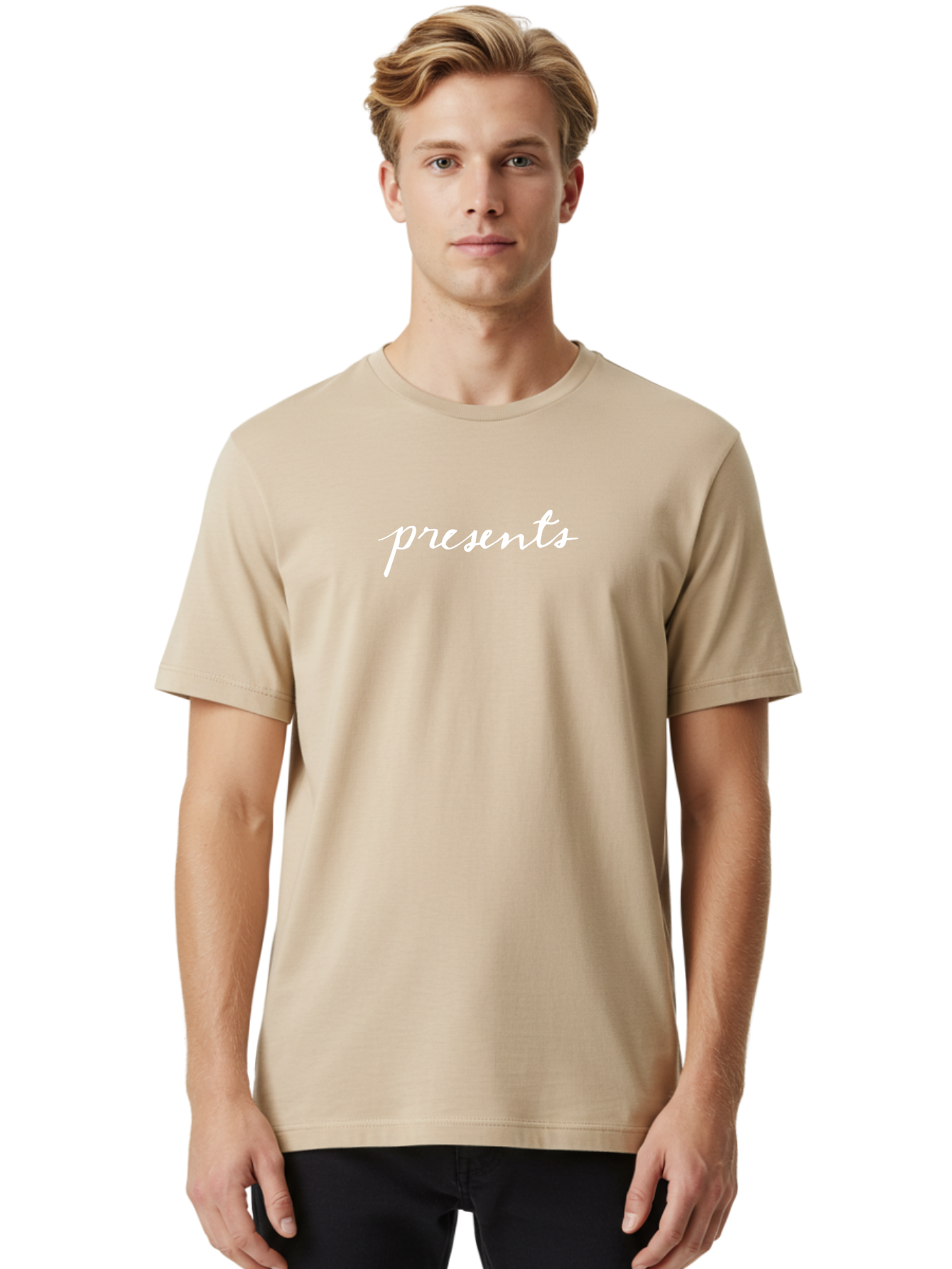 Presents-1 Men'S Graphic Tee, 100% Cotton, Comfortable Casual Summer Wear, Machine Washable, Presents, Gift Giving, Cursive Text, White Font, Elegant Script, Creative Typography, Stylish Presentation Aab055 28