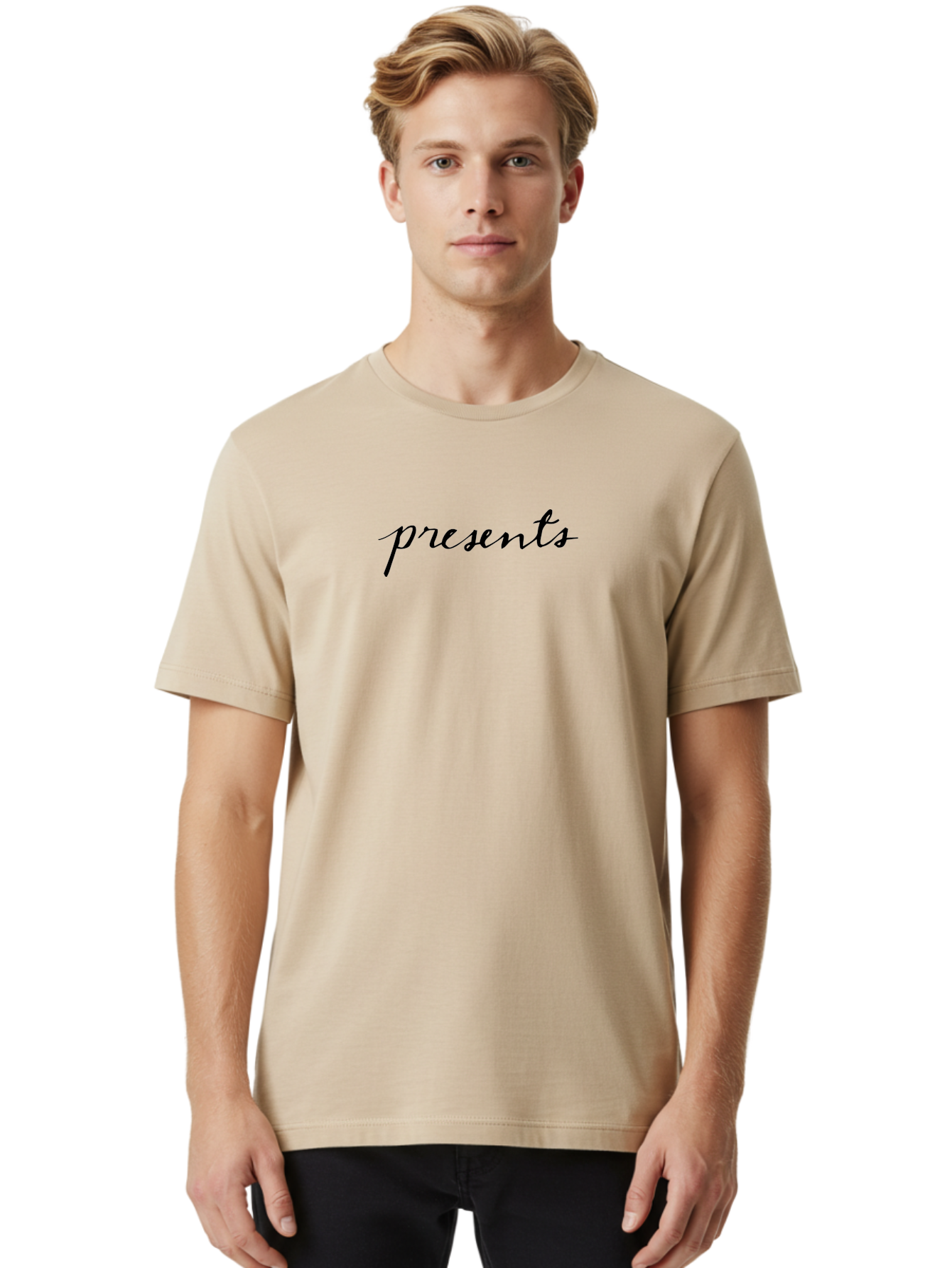 Presents Men'S Graphic Tee, 100% Cotton, Comfortable Casual Summer Wear, Machine Washable, Elegant Script, Cursive Font, Gift Giving, Special Occasions, Black Text, Minimalist Design, Simple Elegance, Classy Typography Aab056 28