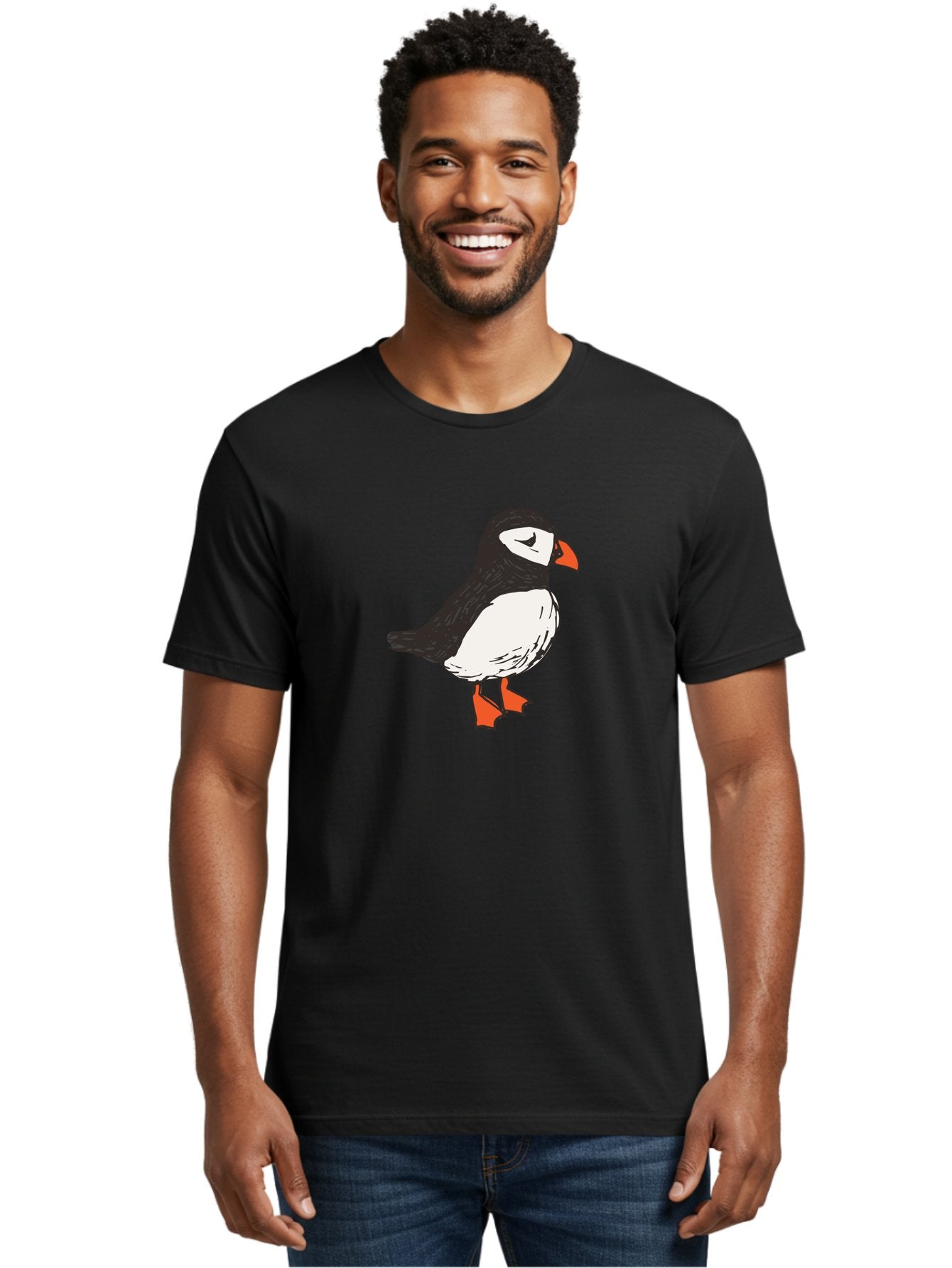 Puffin Men'S Graphic Tee, 100% Cotton, Comfortable Casual Summer Wear, Machine Washable, Cartoon Puffin, Black And White Bird, Orange Beak, Orange Feet, Seabird, Wildlife Illustration, Cute Animal, Hand-Drawn Art Aab057 25