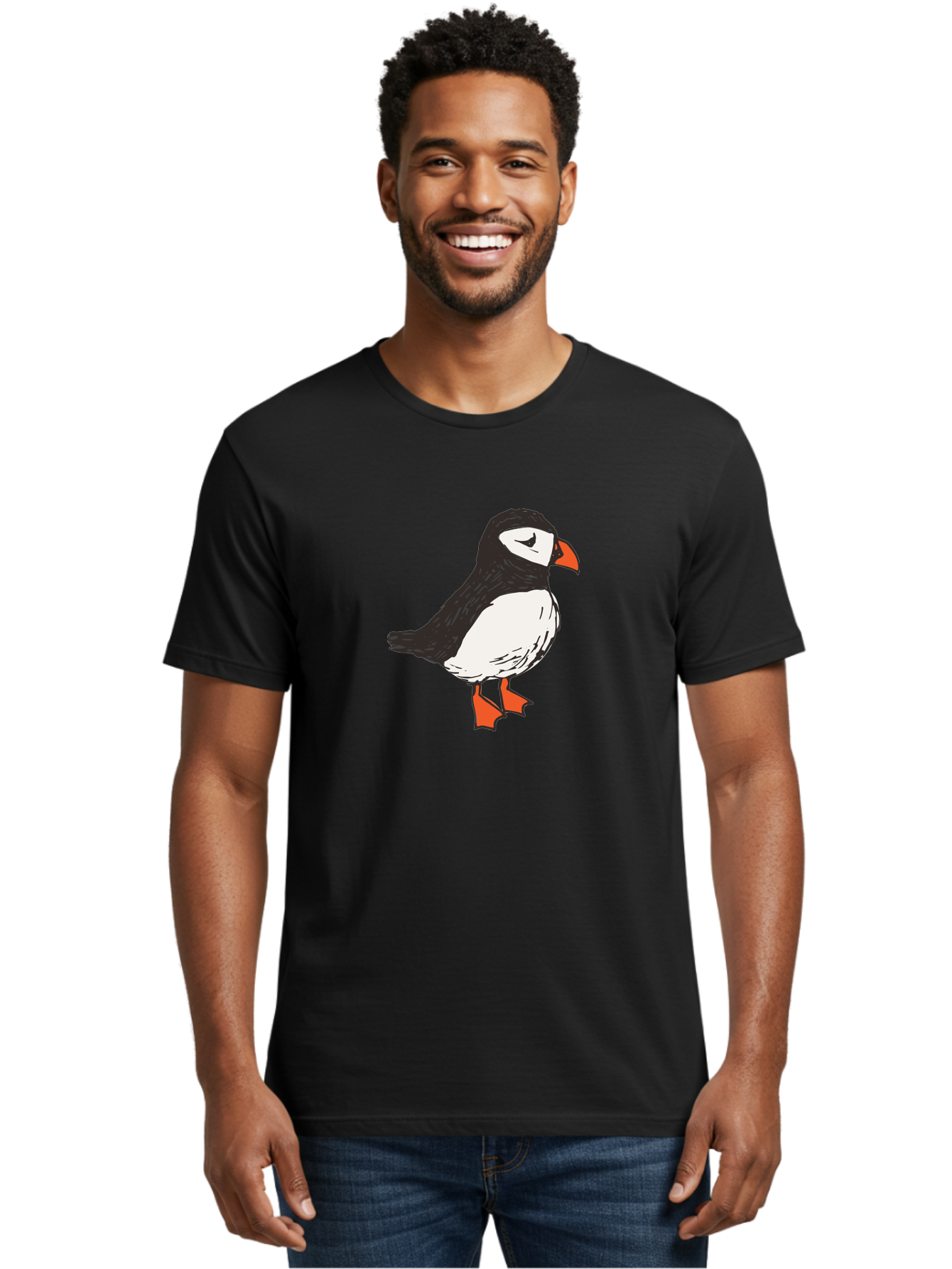 Puffin Men'S Graphic Tee, 100% Cotton, Comfortable Casual Summer Wear, Machine Washable, Cartoon Puffin, Black And White Bird, Orange Beak, Orange Feet, Seabird, Wildlife Illustration, Cute Animal, Hand-Drawn Art Aab057