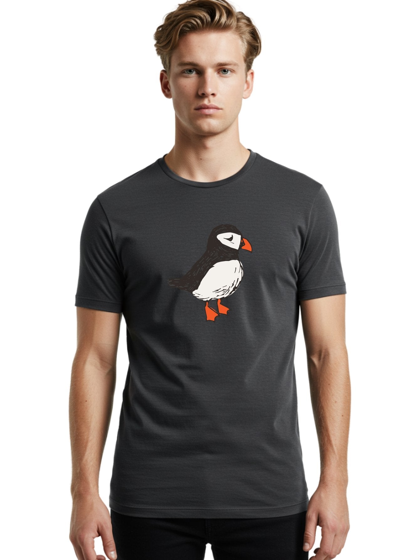 Puffin Men'S Graphic Tee, 100% Cotton, Comfortable Casual Summer Wear, Machine Washable, Cartoon Puffin, Black And White Bird, Orange Beak, Orange Feet, Seabird, Wildlife Illustration, Cute Animal, Hand-Drawn Art Aab057 17