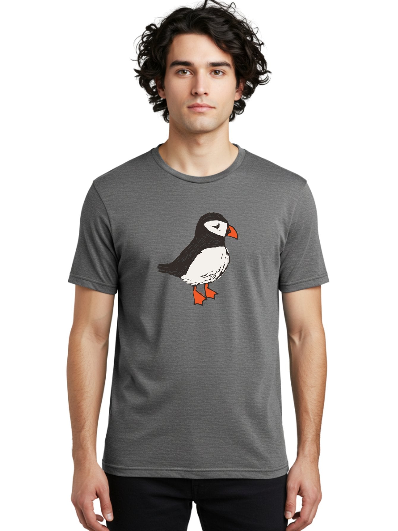 Puffin Men'S Graphic Tee, 100% Cotton, Comfortable Casual Summer Wear, Machine Washable, Cartoon Puffin, Black And White Bird, Orange Beak, Orange Feet, Seabird, Wildlife Illustration, Cute Animal, Hand-Drawn Art Aab057 26