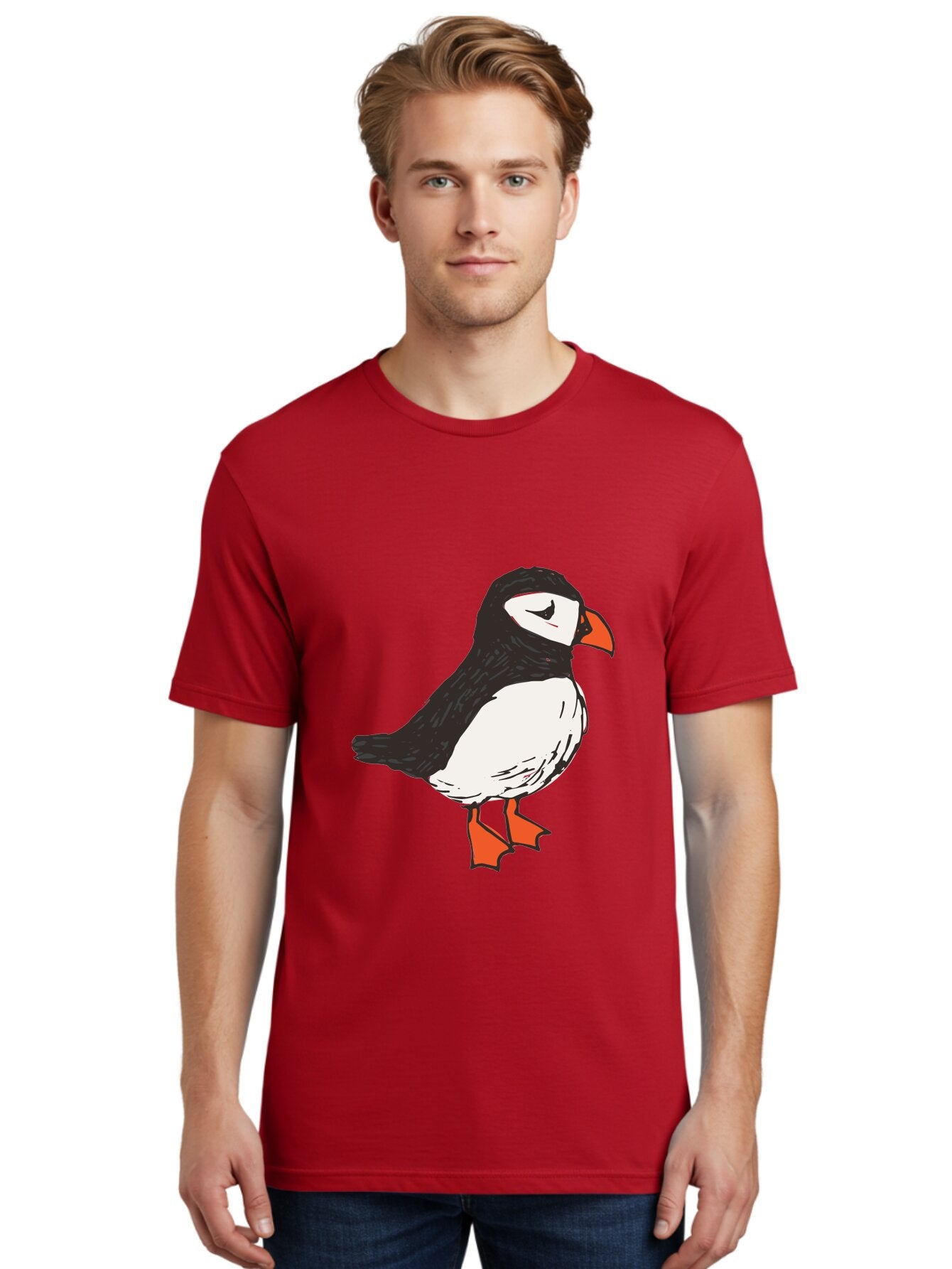 Puffin Men'S Graphic Tee, 100% Cotton, Comfortable Casual Summer Wear, Machine Washable, Cartoon Puffin, Black And White Bird, Orange Beak, Orange Feet, Seabird, Wildlife Illustration, Cute Animal, Hand-Drawn Art Aab057 22