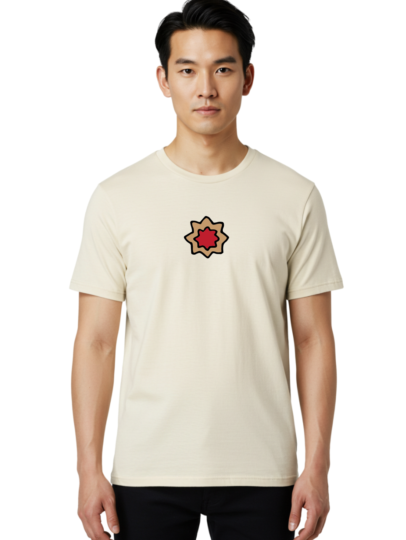 Red-And-Beige-Star Men'S Graphic Tee, 100% Cotton, Comfortable Casual Summer Wear, Machine Washable, Red Star, Tan Star, Black Outline, Star Shape, Abstract Design, Geometric Pattern, Simple Illustration, Minimalist Art Aab061 18