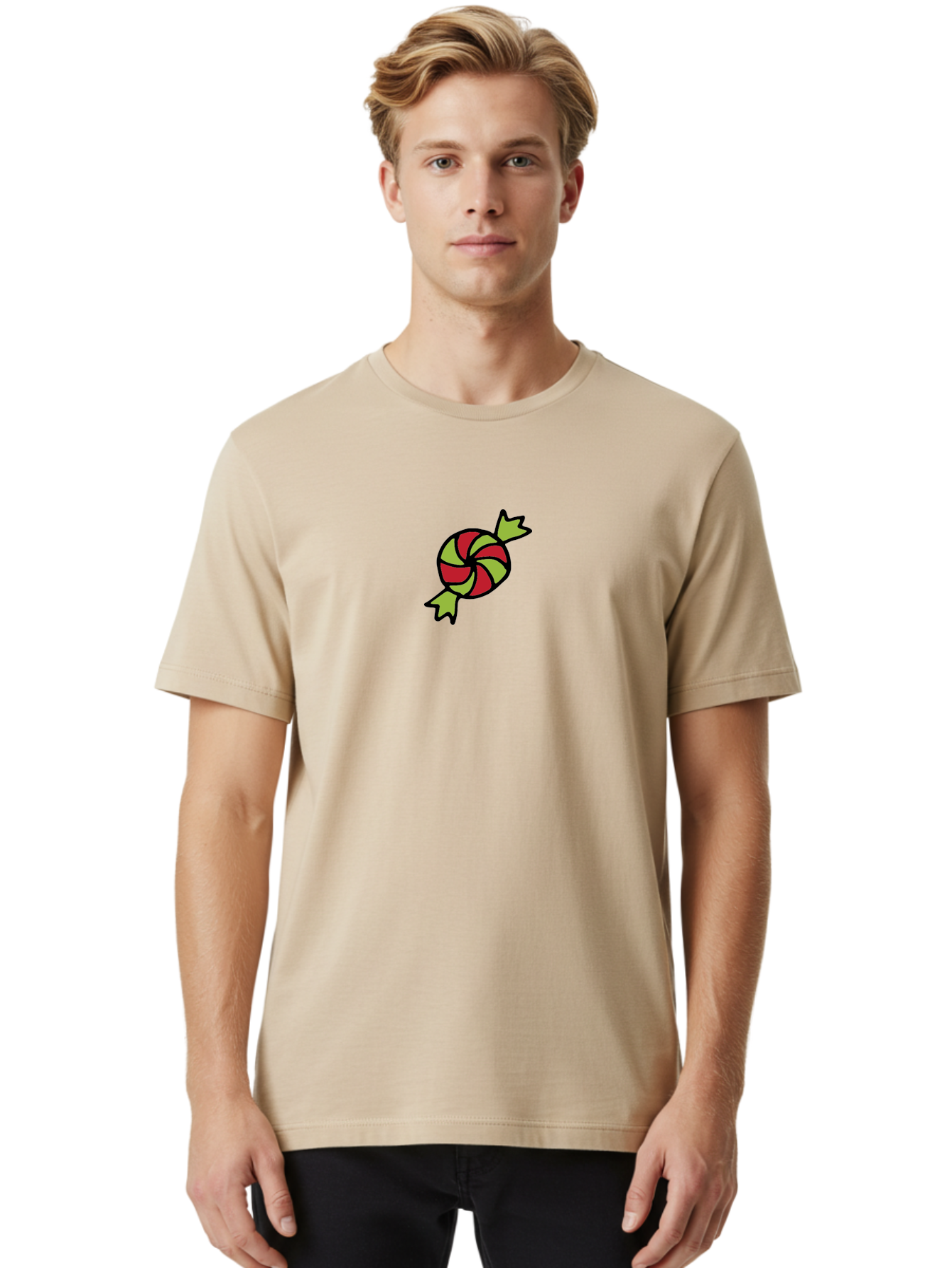 Red-And-Green-Swirled-Lollipop Men'S Graphic Tee, 100% Cotton, Comfortable Casual Summer Wear, Machine Washable, Colorful Candy, Red And Green Swirls, Wrapped Candy, Sweet Treat, Cartoon Style, Whimsical Design, Playful Illustration Aab062 28