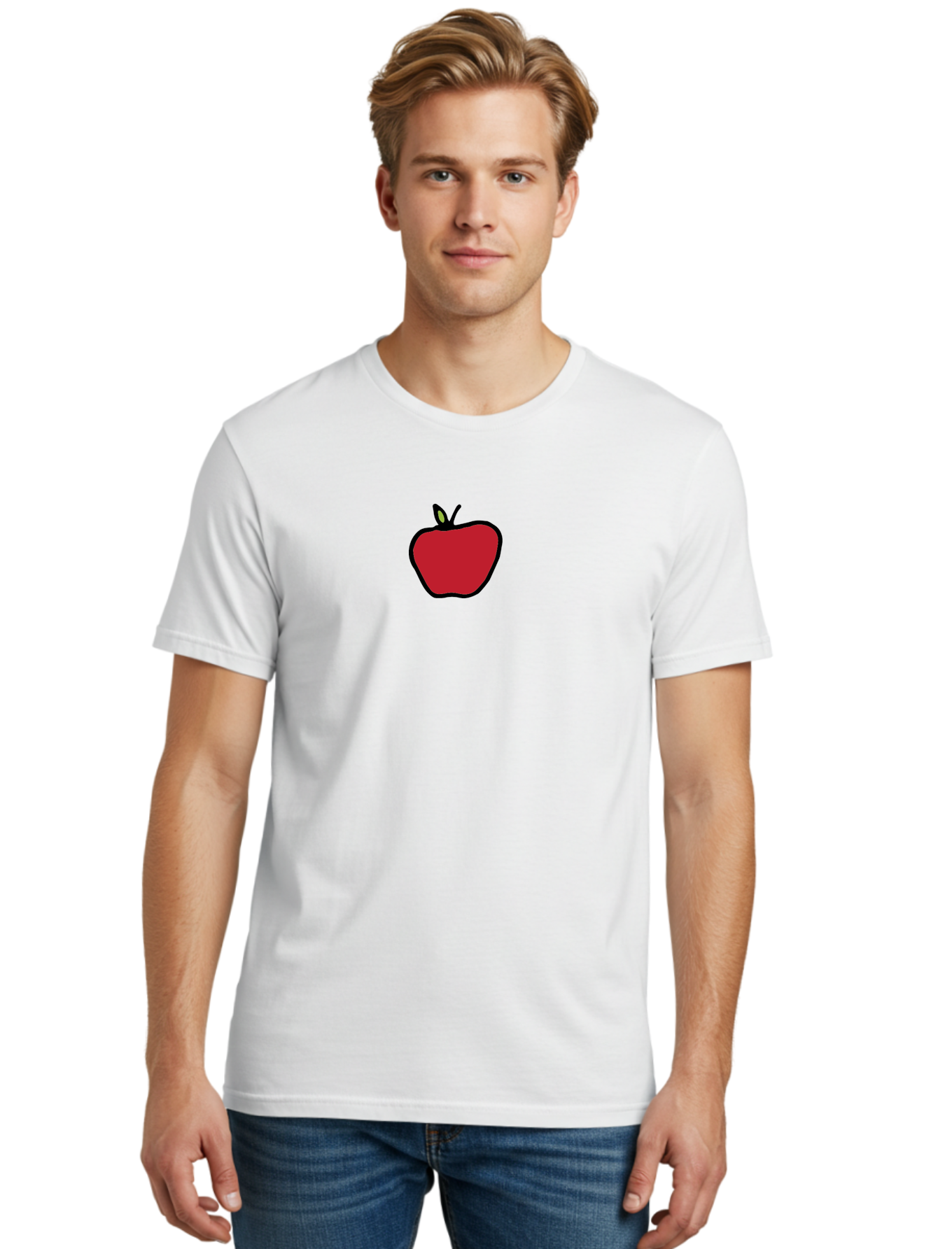 Red-Apple Men'S Graphic Tee, 100% Cotton, Comfortable Casual Summer Wear, Machine Washable, Red Apple, Simple Drawing, Bold Lines, Cartoon Style, Fruit Illustration, Minimalist Design, Digital Art, Apple Graphic Aab063 30