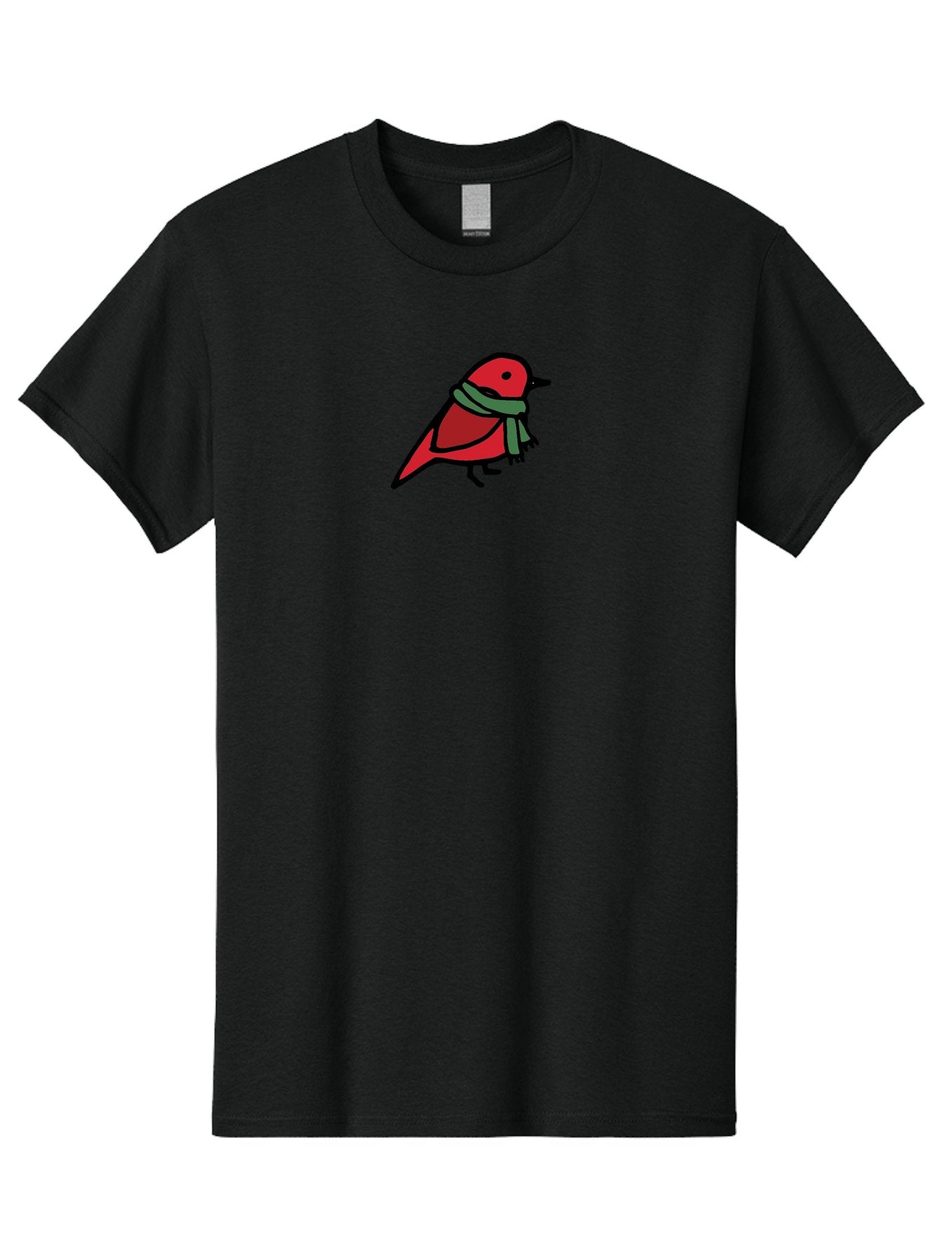 Red-Bird-With-Grey-Scarf Men'S Graphic Tee, 100% Cotton, Comfortable Casual Summer Wear, Machine Washable, Red Bird, Cartoon Style, Green Scarf, Black Outlines, Winter Theme, Festive, Charming, Simple Design, Playful, Cute Aab064 14