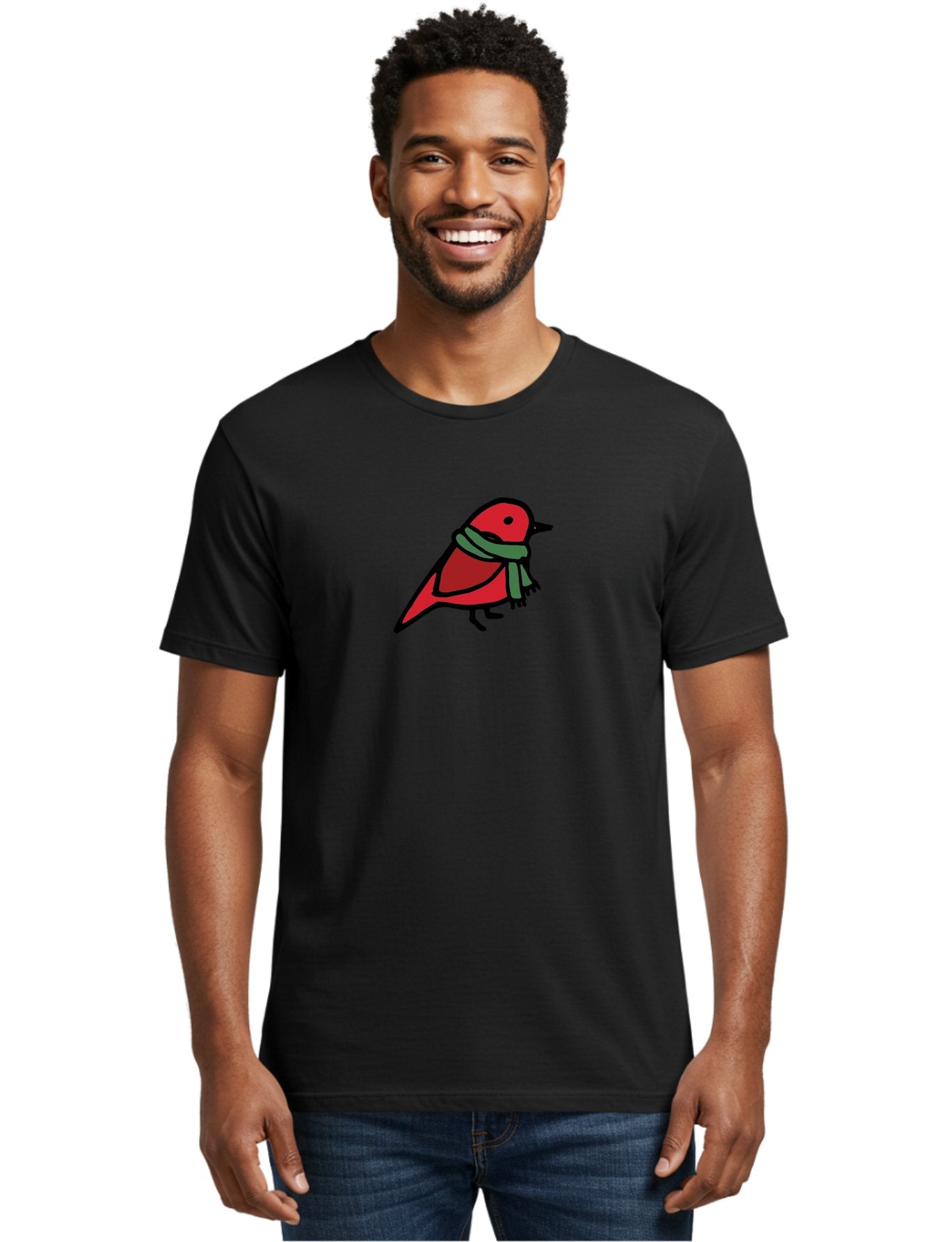 Red-Bird-With-Grey-Scarf Men'S Graphic Tee, 100% Cotton, Comfortable Casual Summer Wear, Machine Washable, Red Bird, Cartoon Style, Green Scarf, Black Outlines, Winter Theme, Festive, Charming, Simple Design, Playful, Cute Aab064 29