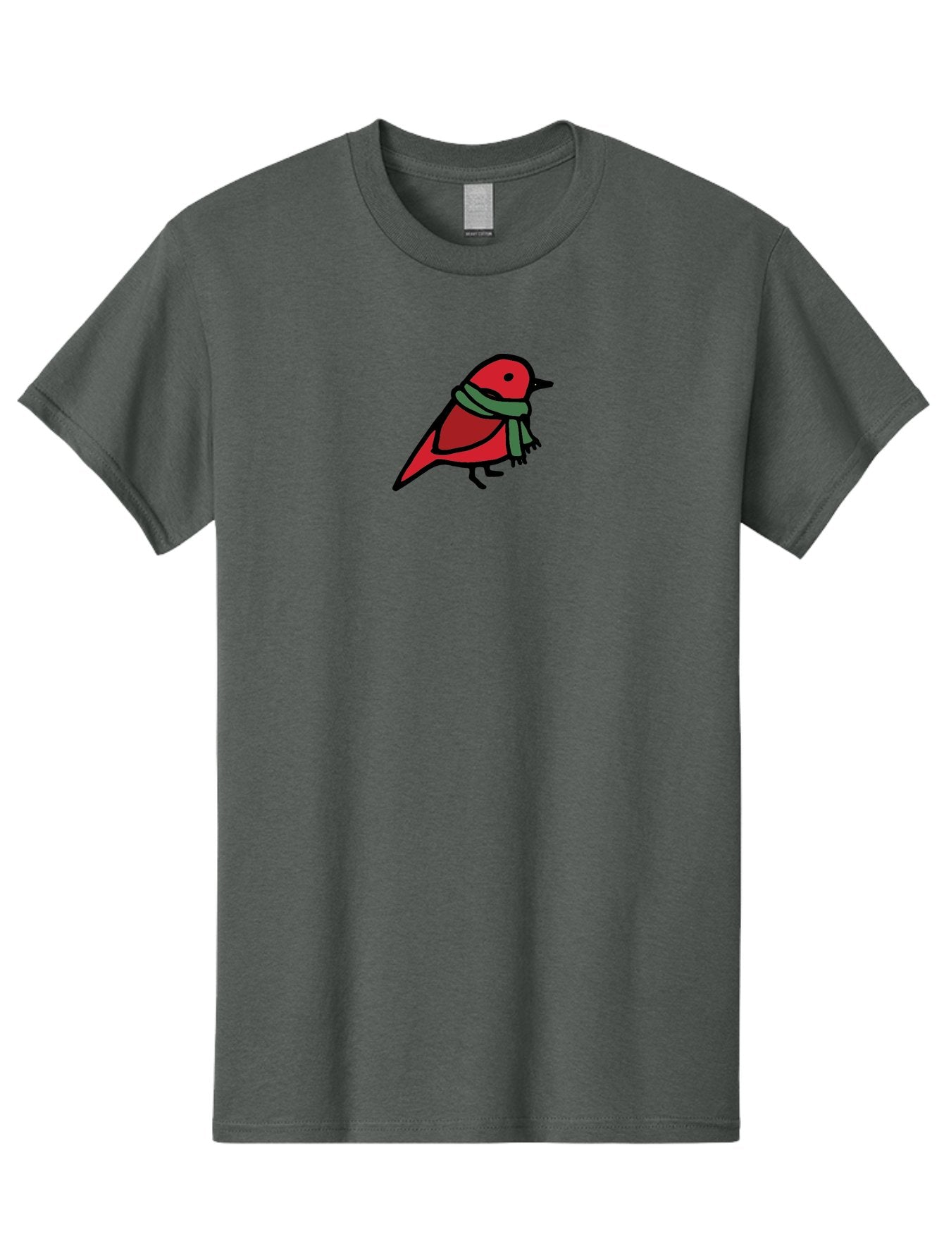 Red-Bird-With-Grey-Scarf Men'S Graphic Tee, 100% Cotton, Comfortable Casual Summer Wear, Machine Washable, Red Bird, Cartoon Style, Green Scarf, Black Outlines, Winter Theme, Festive, Charming, Simple Design, Playful, Cute Aab064 10