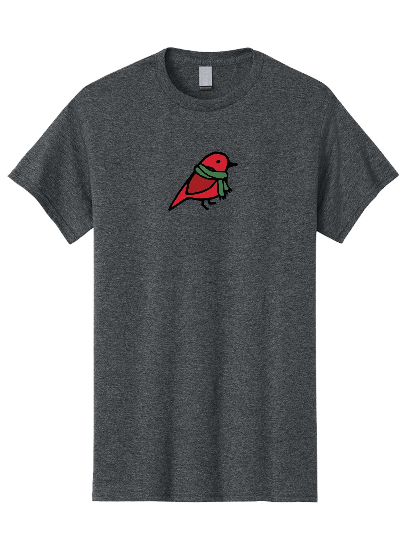 Red-Bird-With-Grey-Scarf Men'S Graphic Tee, 100% Cotton, Comfortable Casual Summer Wear, Machine Washable, Red Bird, Cartoon Style, Green Scarf, Black Outlines, Winter Theme, Festive, Charming, Simple Design, Playful, Cute Aab064 6