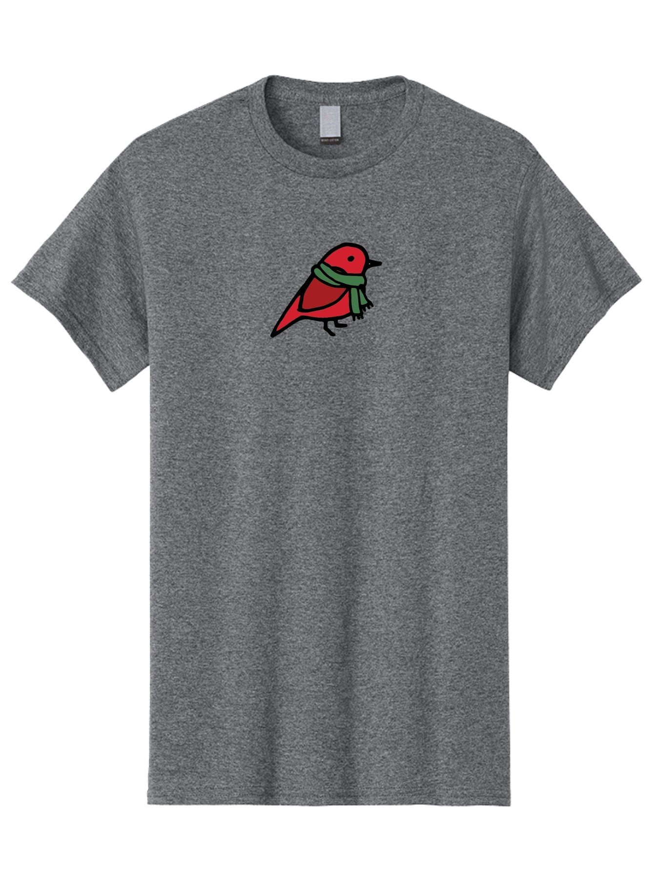 Red-Bird-With-Grey-Scarf Men'S Graphic Tee, 100% Cotton, Comfortable Casual Summer Wear, Machine Washable, Red Bird, Cartoon Style, Green Scarf, Black Outlines, Winter Theme, Festive, Charming, Simple Design, Playful, Cute Aab064