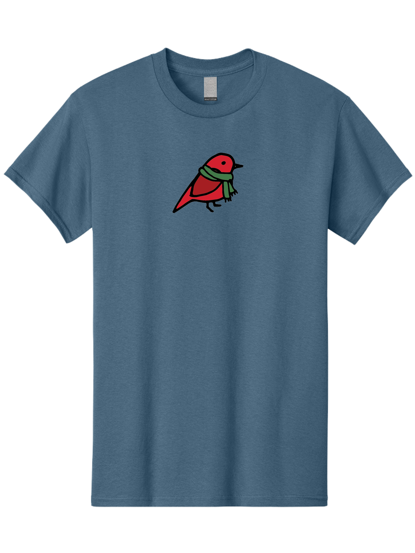 Red-Bird-With-Grey-Scarf Men'S Graphic Tee, 100% Cotton, Comfortable Casual Summer Wear, Machine Washable, Red Bird, Cartoon Style, Green Scarf, Black Outlines, Winter Theme, Festive, Charming, Simple Design, Playful, Cute Aab064 29