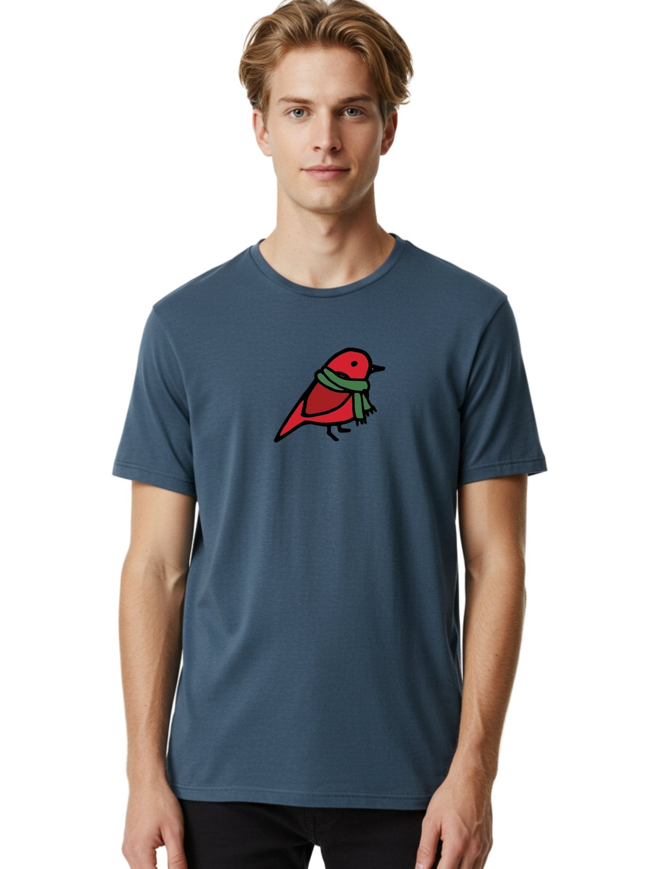 Red-Bird-With-Grey-Scarf Men'S Graphic Tee, 100% Cotton, Comfortable Casual Summer Wear, Machine Washable, Red Bird, Cartoon Style, Green Scarf, Black Outlines, Winter Theme, Festive, Charming, Simple Design, Playful, Cute Aab064 20