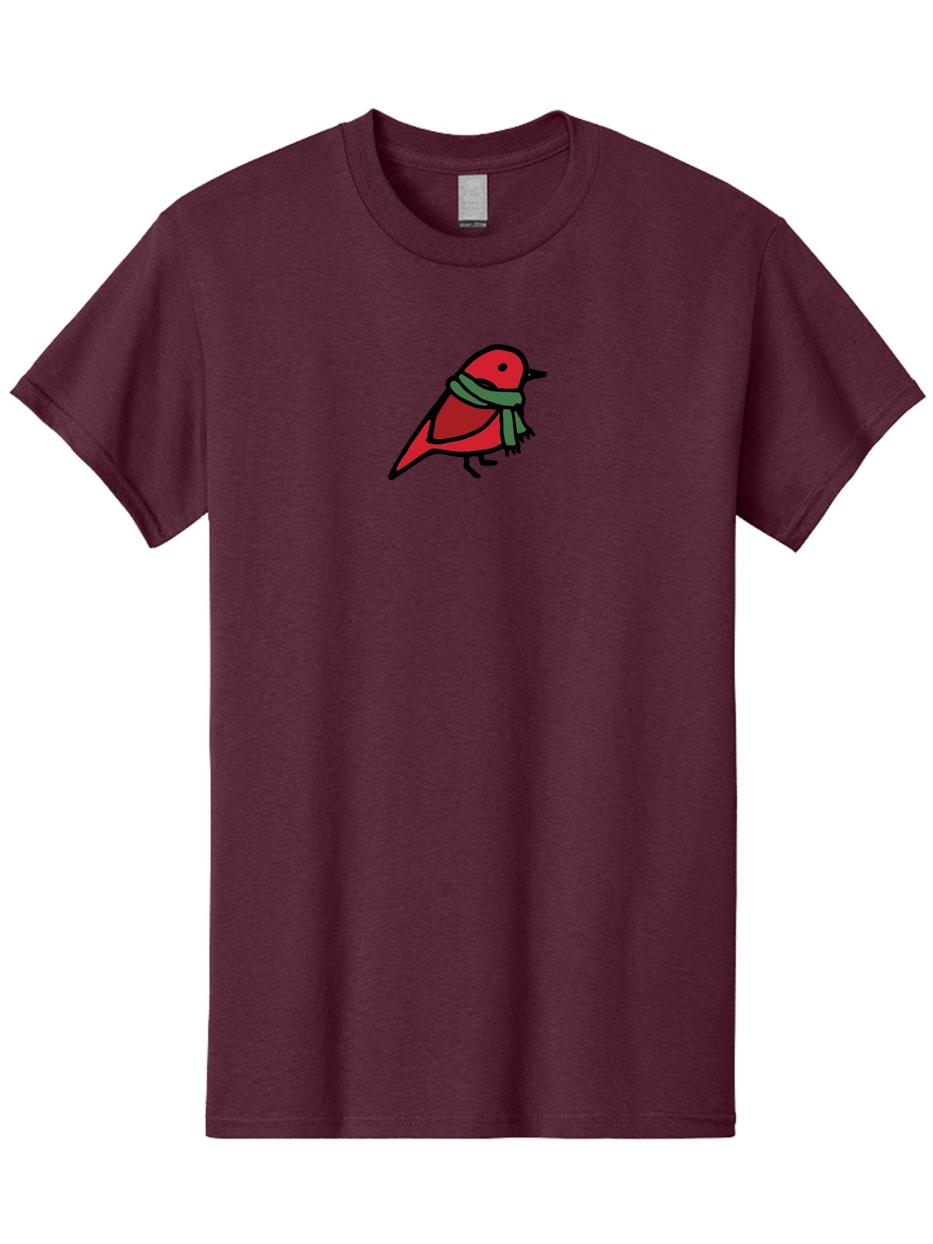 Red-Bird-With-Grey-Scarf Men'S Graphic Tee, 100% Cotton, Comfortable Casual Summer Wear, Machine Washable, Red Bird, Cartoon Style, Green Scarf, Black Outlines, Winter Theme, Festive, Charming, Simple Design, Playful, Cute Aab064 7