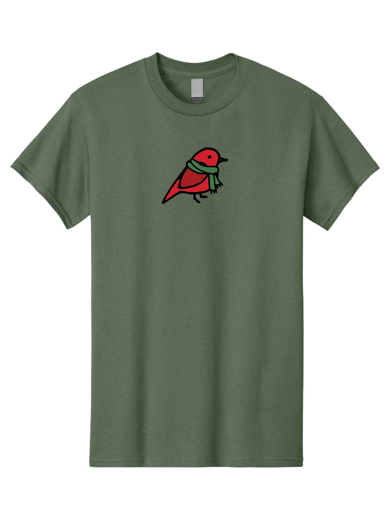 Red-Bird-With-Grey-Scarf Men'S Graphic Tee, 100% Cotton, Comfortable Casual Summer Wear, Machine Washable, Red Bird, Cartoon Style, Green Scarf, Black Outlines, Winter Theme, Festive, Charming, Simple Design, Playful, Cute Aab064 12