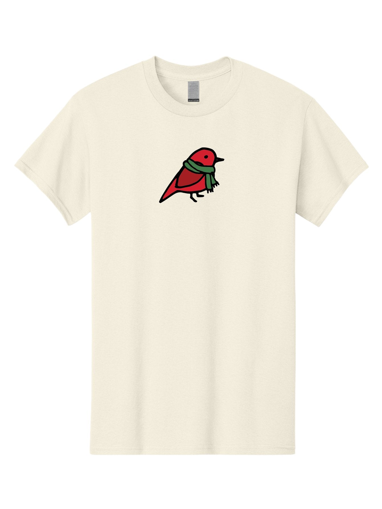 Red-Bird-With-Grey-Scarf Men'S Graphic Tee, 100% Cotton, Comfortable Casual Summer Wear, Machine Washable, Red Bird, Cartoon Style, Green Scarf, Black Outlines, Winter Theme, Festive, Charming, Simple Design, Playful, Cute Aab064 15
