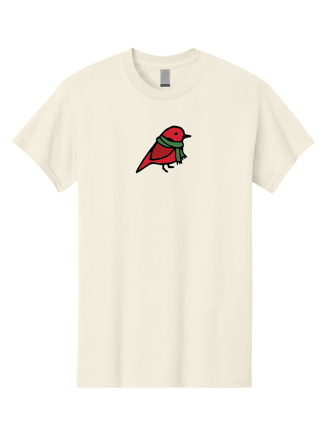Red-Bird-With-Grey-Scarf Men'S Graphic Tee, 100% Cotton, Comfortable Casual Summer Wear, Machine Washable, Red Bird, Cartoon Style, Green Scarf, Black Outlines, Winter Theme, Festive, Charming, Simple Design, Playful, Cute Aab064